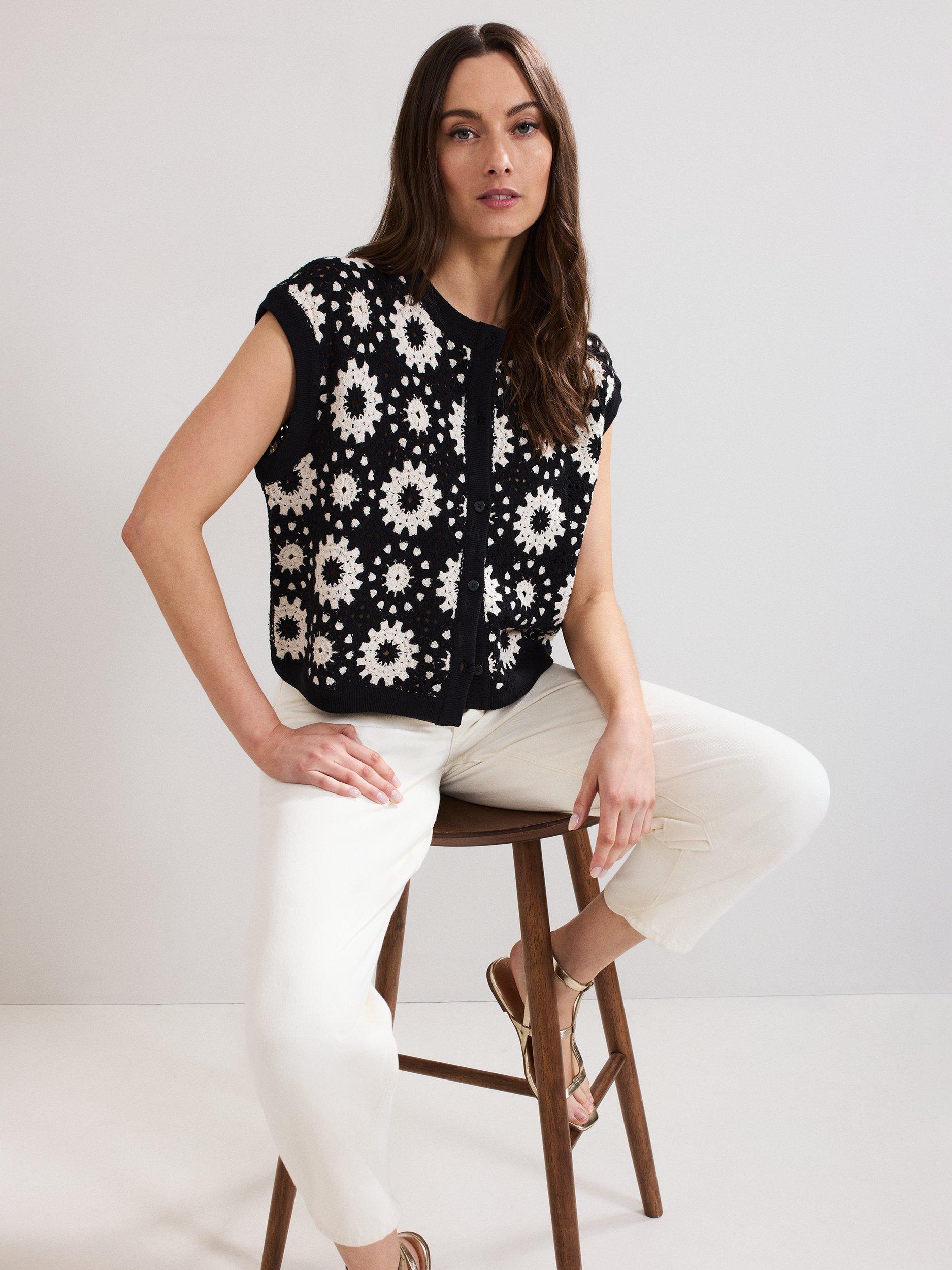 Product image 9 of 9, which shows Phase Eight Maggie Floral Crochet Waistcoat, Black/Ivory, S