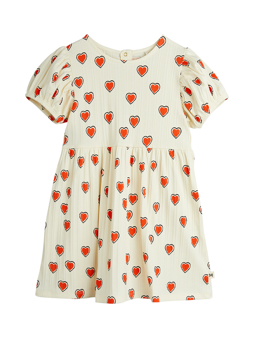 Product image 1 of 4, which shows Mini Rodini Kids' Hearts Puff Sleeve Dress, Off White, 18-36 months