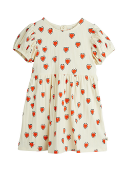 Mini Rodini Kids' Hearts Puff Sleeve Dress, Off White, Off White