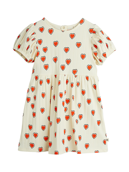 Mini Rodini Kids' Hearts Puff Sleeve Dress, Off White, Off White