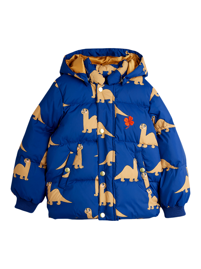 Product image 1 of 4, which shows Mini Rodini Kids' Dino Hooded Puffer Jacket, Navy, 9-18 months