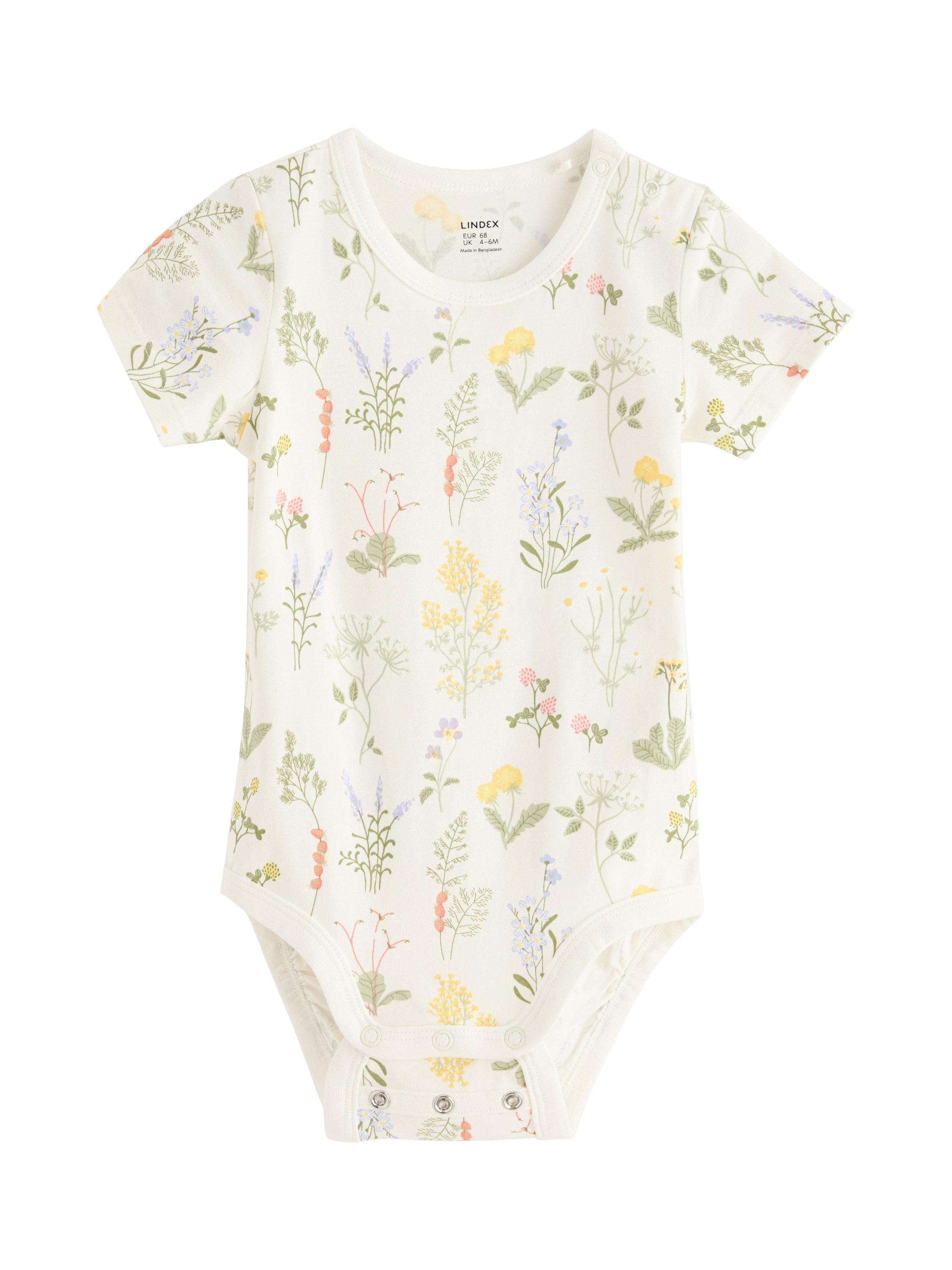 Product image 1 of 3, which shows Lindex Baby Floral Short Sleeve Bodysuit, Light Dusty White, 12-18 months