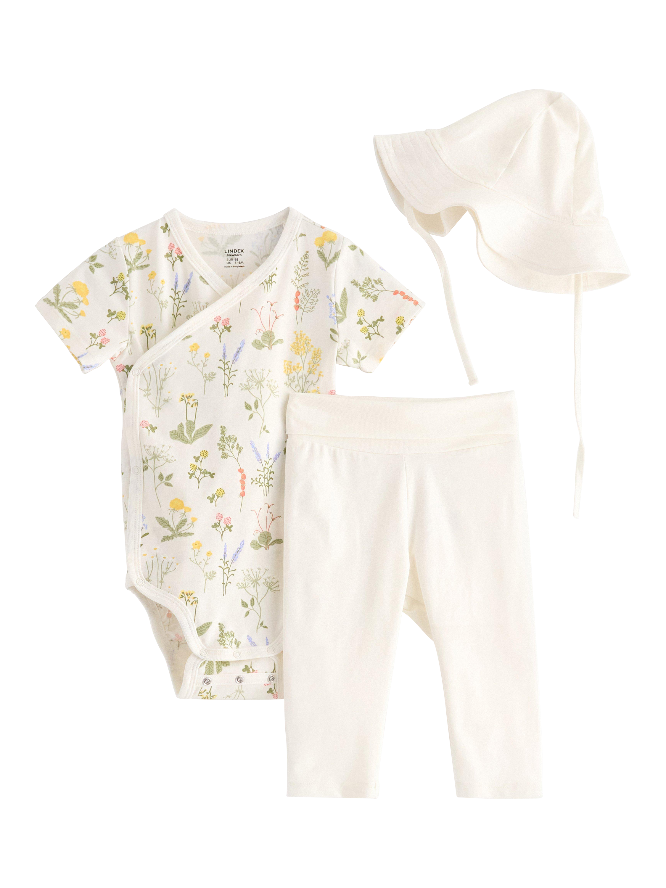 Product image 1 of 3, which shows Lindex Baby Bodysuit, Leggings & Hat Set, Light Dusty White, 4-6 months
