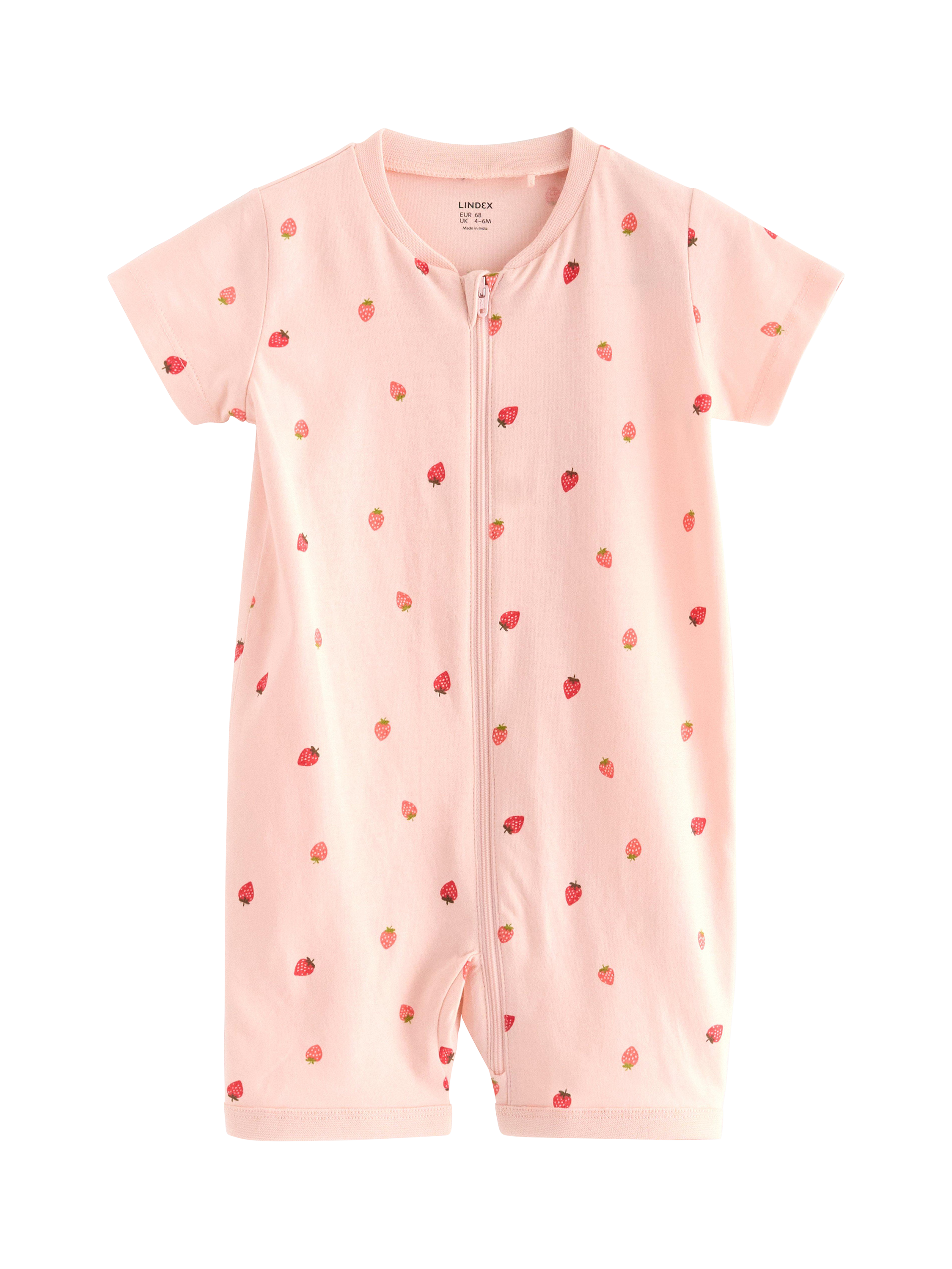 Product image 1 of 3, which shows Lindex Baby Cotton Strawberry Print Shortie Sleepsuit, Light Pink, 4-6 months