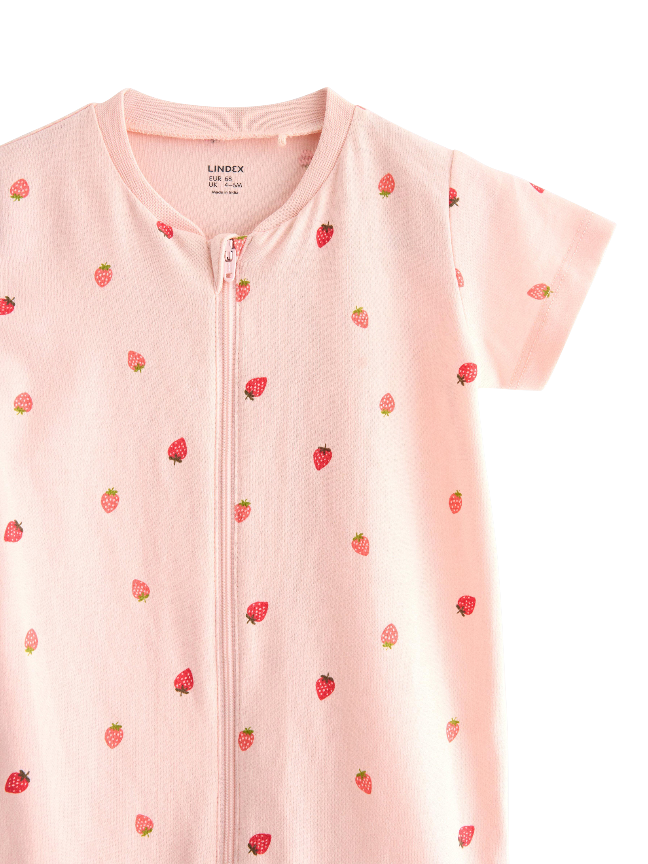 Product image 3 of 3, which shows Lindex Baby Cotton Strawberry Print Shortie Sleepsuit, Light Pink, 4-6 months