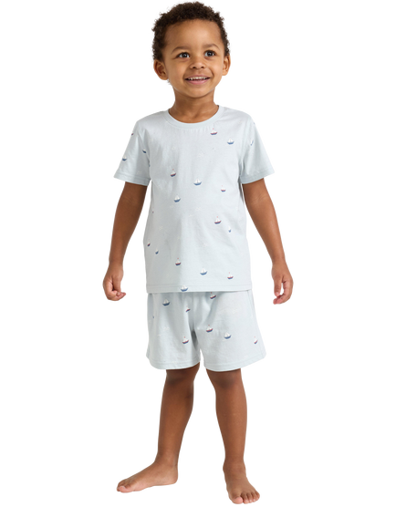 Lindex Kids' Cotton Sailboat Print Shortie Pyjama Set, Dusty Blue, Dusty Blue
