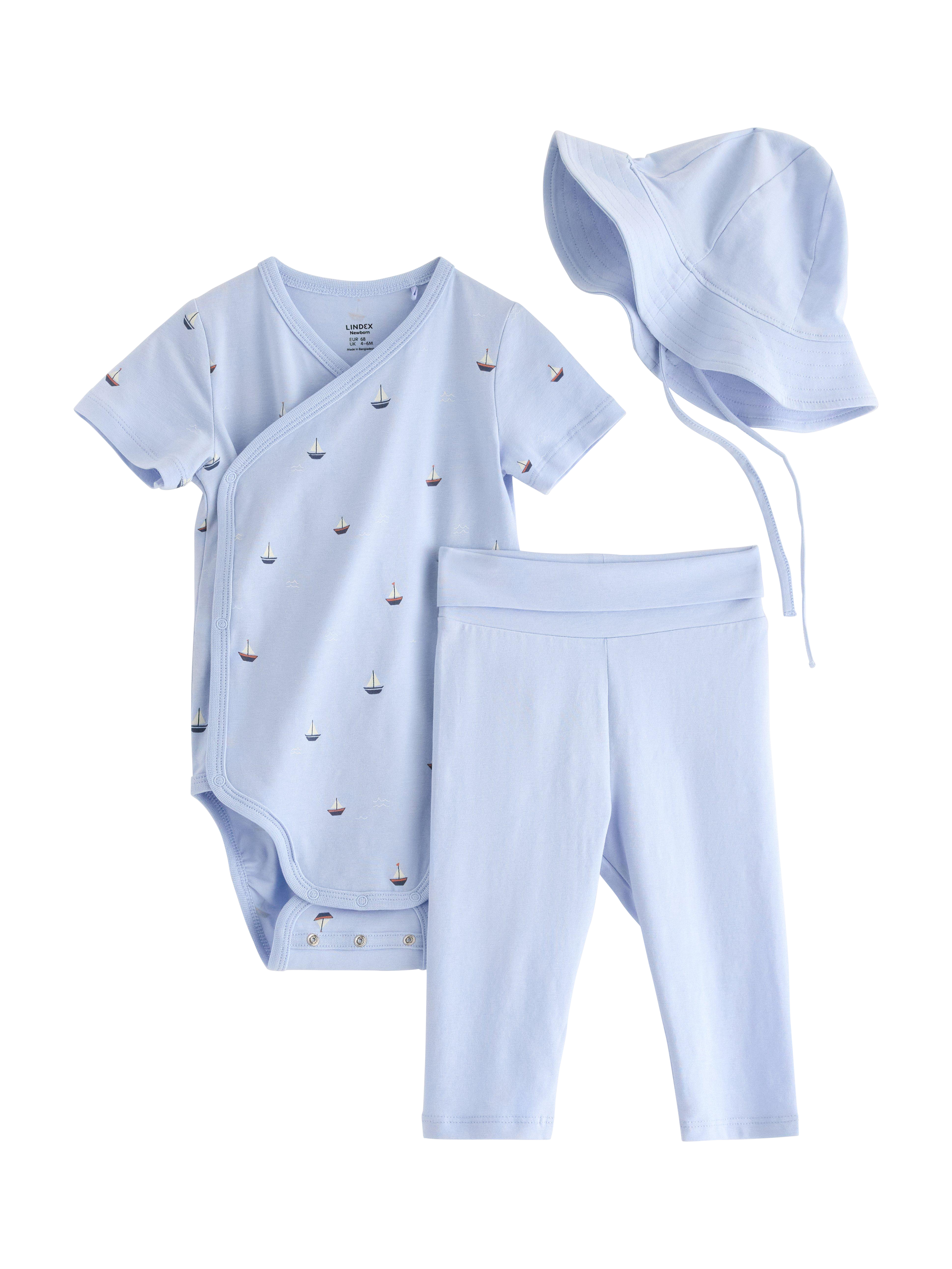 Product image 1 of 3, which shows Lindex Baby Bodysuit, Leggings & Hat Set, Light Blue, 2-4 months