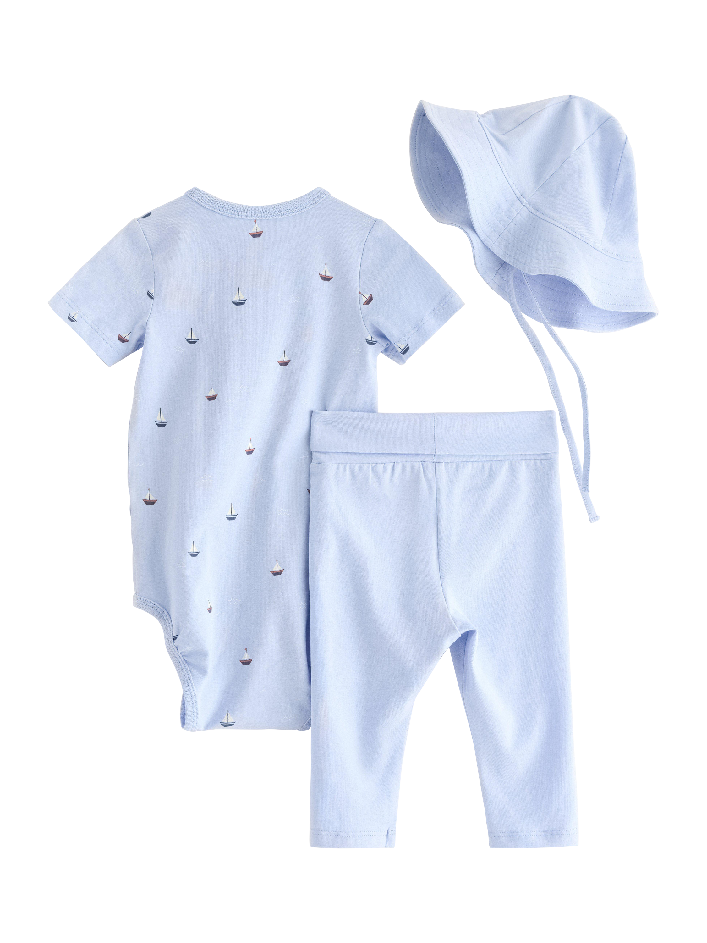 Product image 2 of 3, which shows Lindex Baby Bodysuit, Leggings & Hat Set, Light Blue, 2-4 months