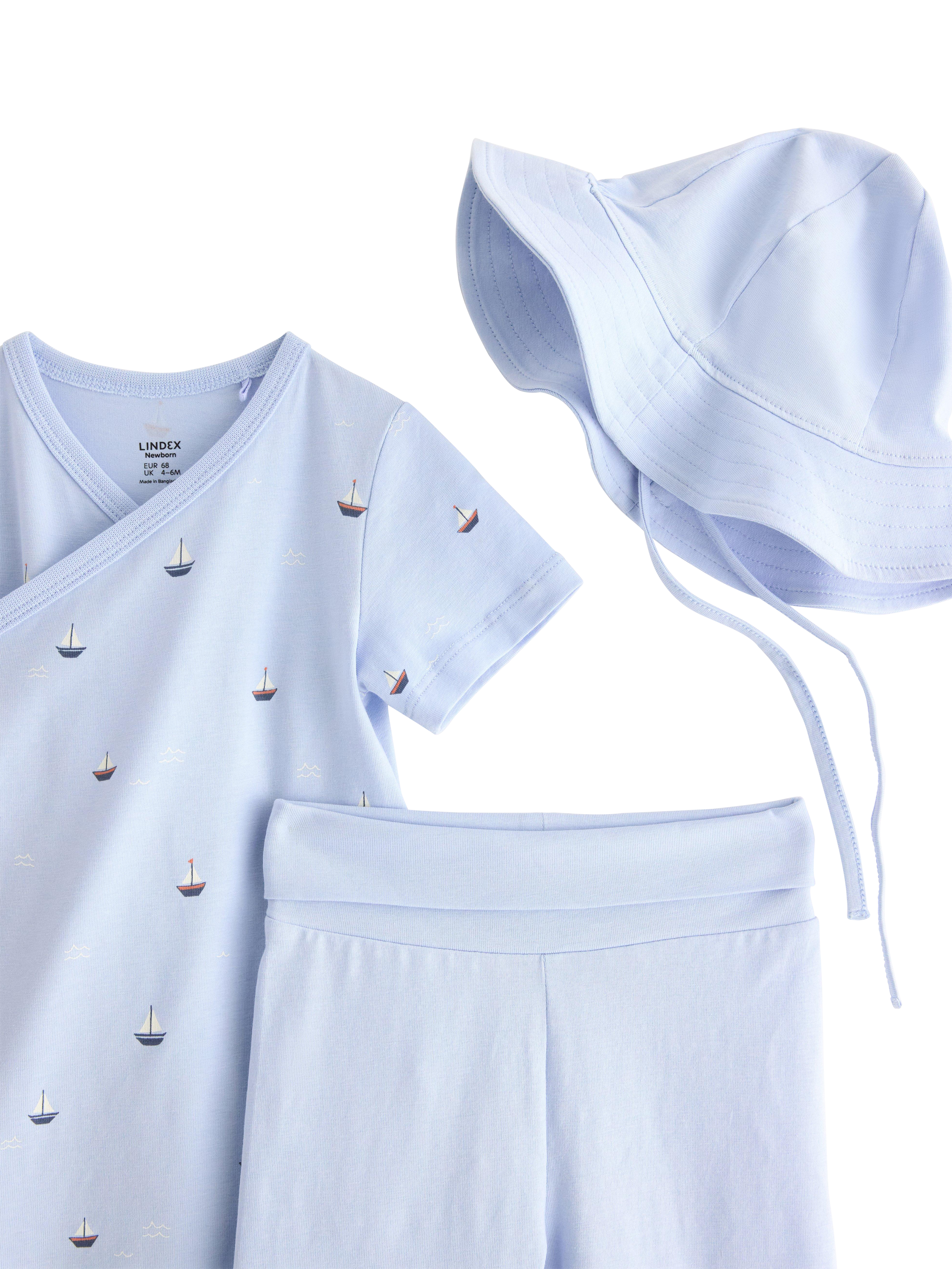 Product image 3 of 3, which shows Lindex Baby Bodysuit, Leggings & Hat Set, Light Blue, 2-4 months