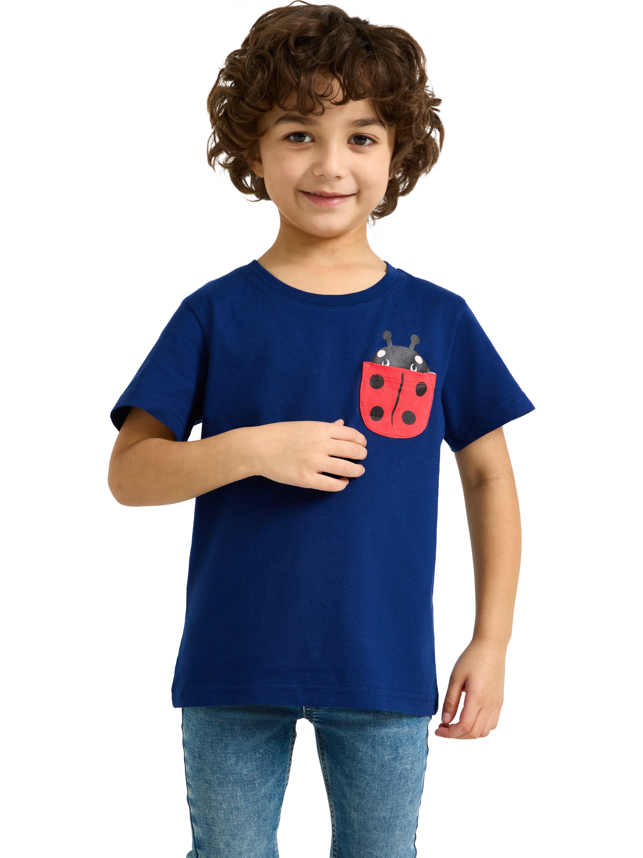 Product image 1 of 6, which shows Lindex Kids' Ladybird Pocket T-Shirt, Dark Blue, 4-6 years
