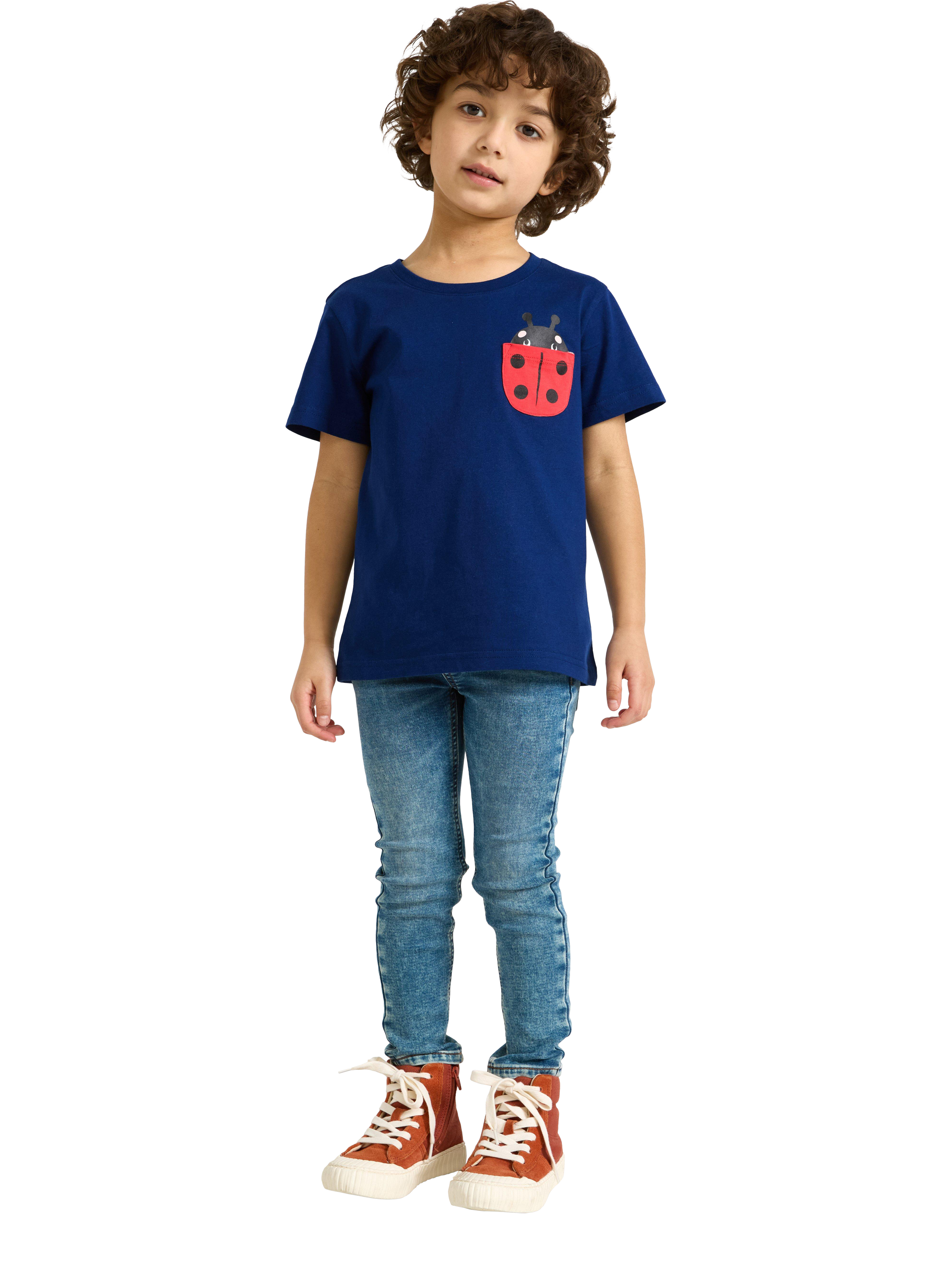 Product image 2 of 6, which shows Lindex Kids' Ladybird Pocket T-Shirt, Dark Blue, 4-6 years