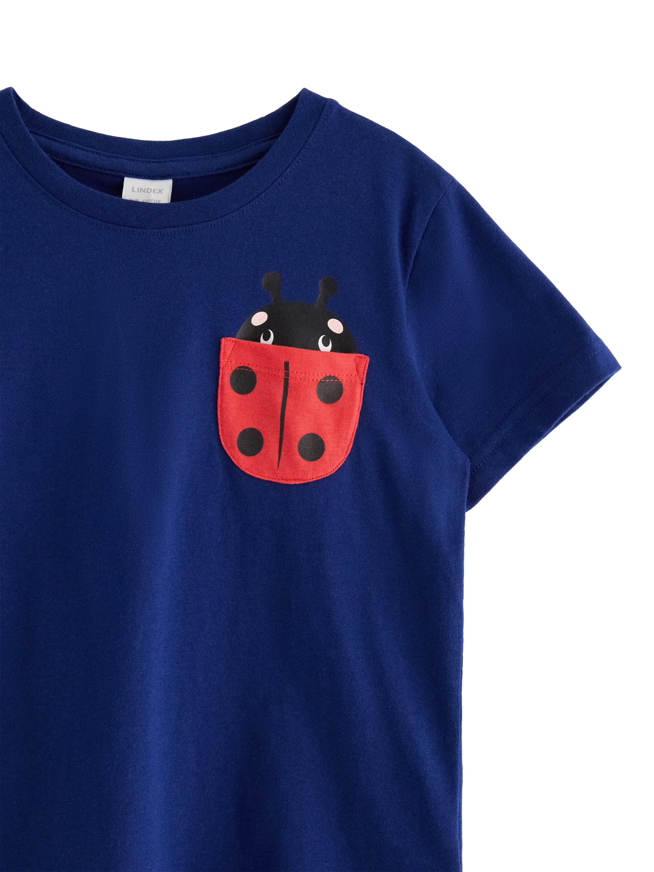 Product image 6 of 6, which shows Lindex Kids' Ladybird Pocket T-Shirt, Dark Blue, 4-6 years