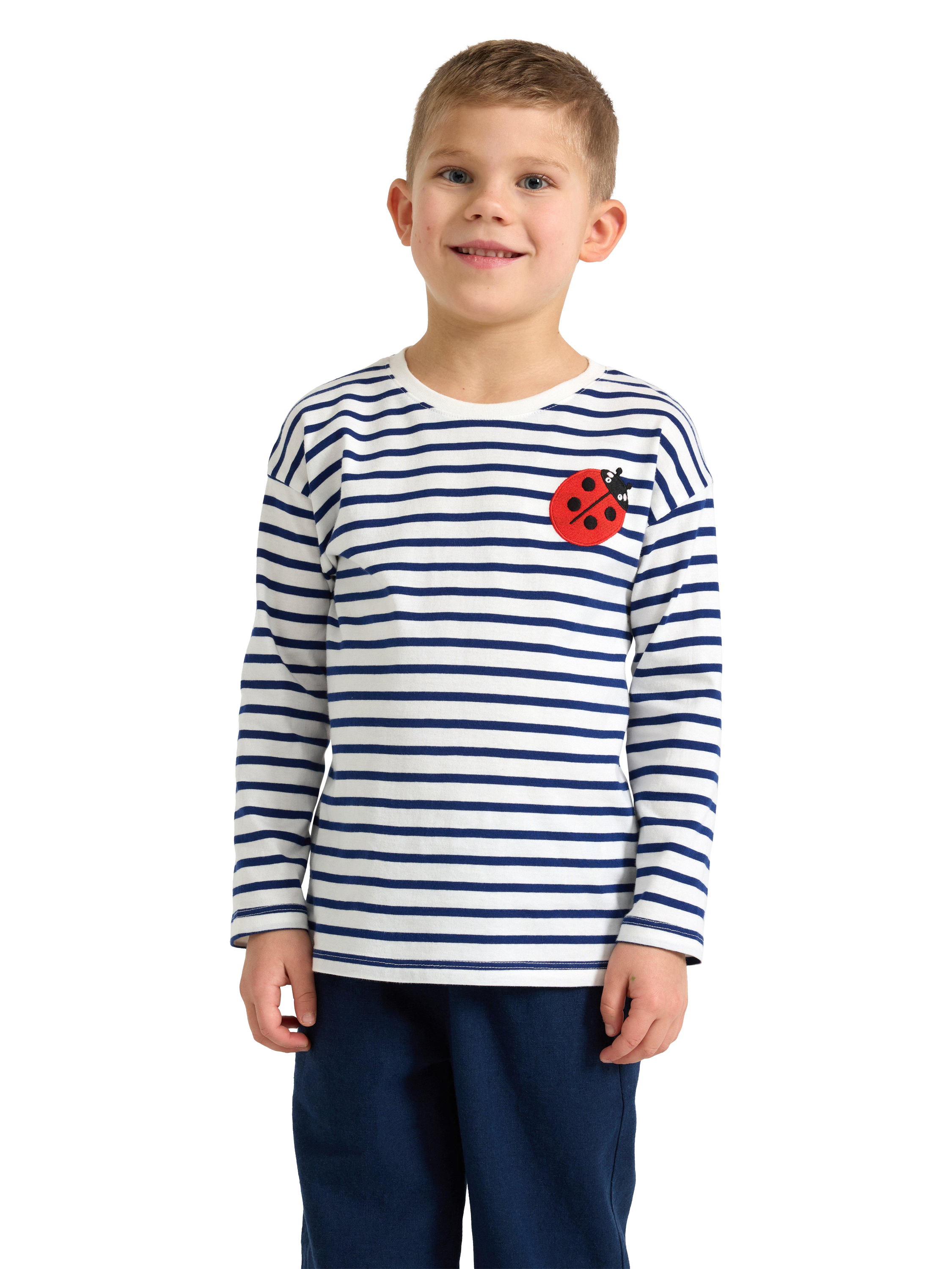 Product image 1 of 6, which shows Lindex Kids' Ladybird Stripe Long Sleeve Top, Light Dusty White, 6-7 years