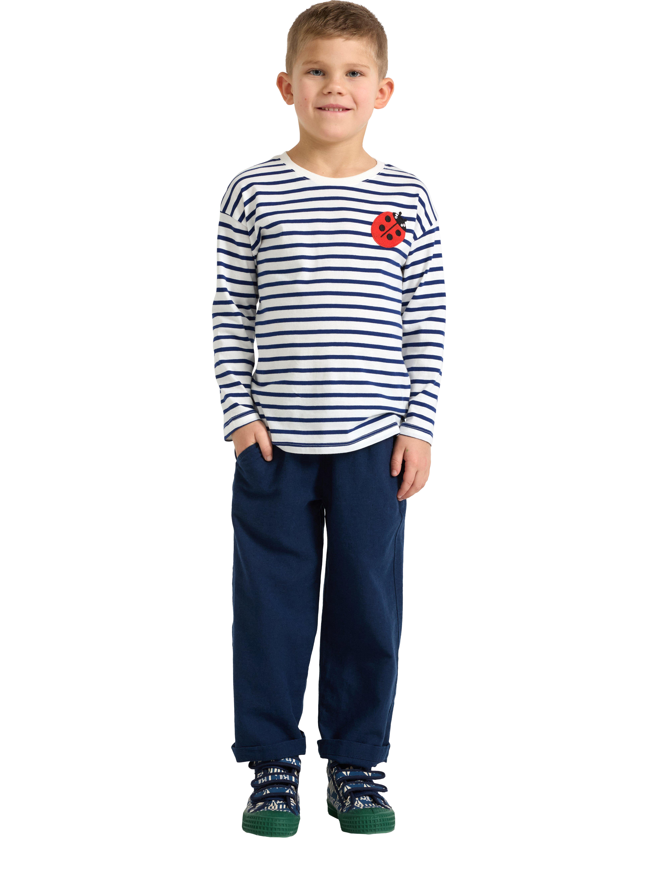 Product image 3 of 6, which shows Lindex Kids' Ladybird Stripe Long Sleeve Top, Light Dusty White, 6-7 years