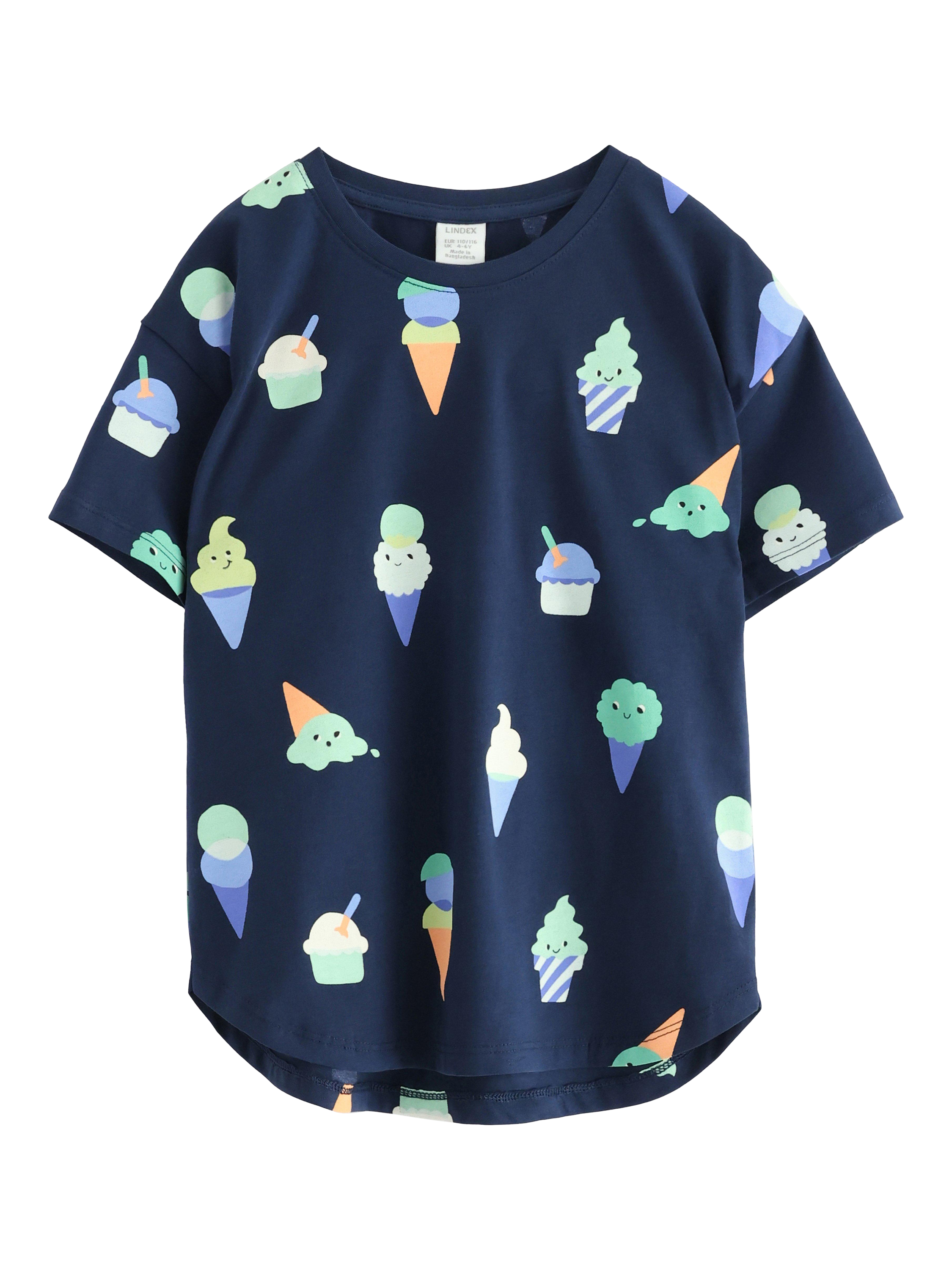 Product image 1 of 3, which shows Lindex Kids' Short Sleeve Ice-Cream Print T-Shirt, Dark Blue, 18-24 months