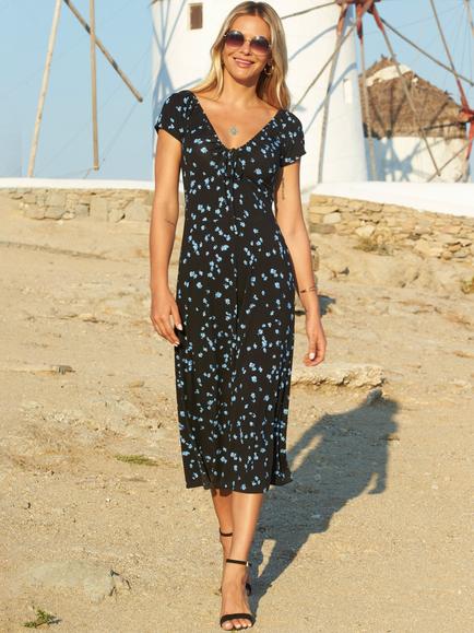Sosandar Floral Print Midi Dress - view 2, Black/Multi