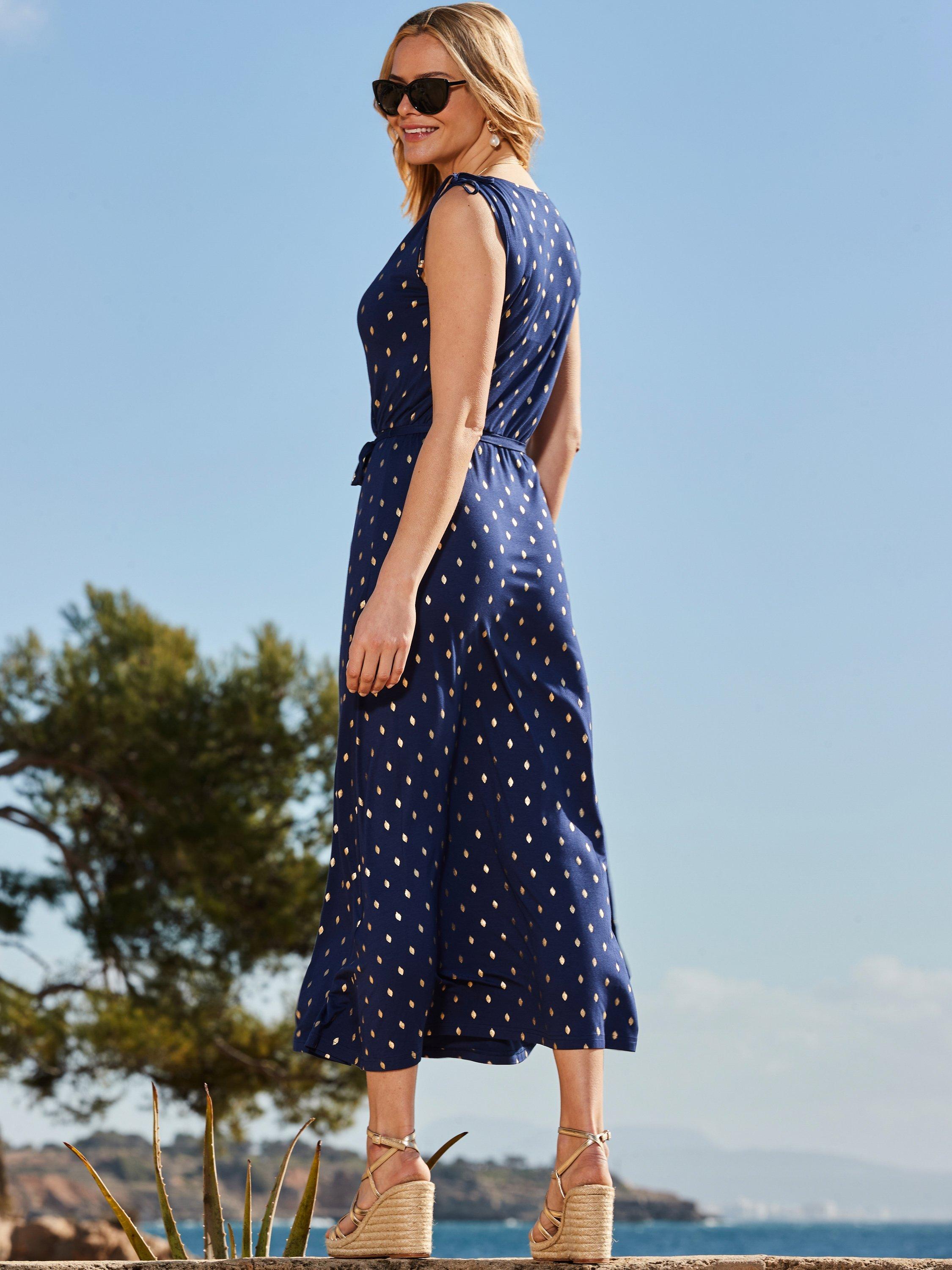 Product image 5 of 5, which shows Sosandar Metallic Spot Tie Waist Midi Dress, Navy Blue/Gold, 6