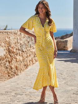 Sosandar Angel Sleeve Wrap Front Polka Midi Dress, Yellow/Multi