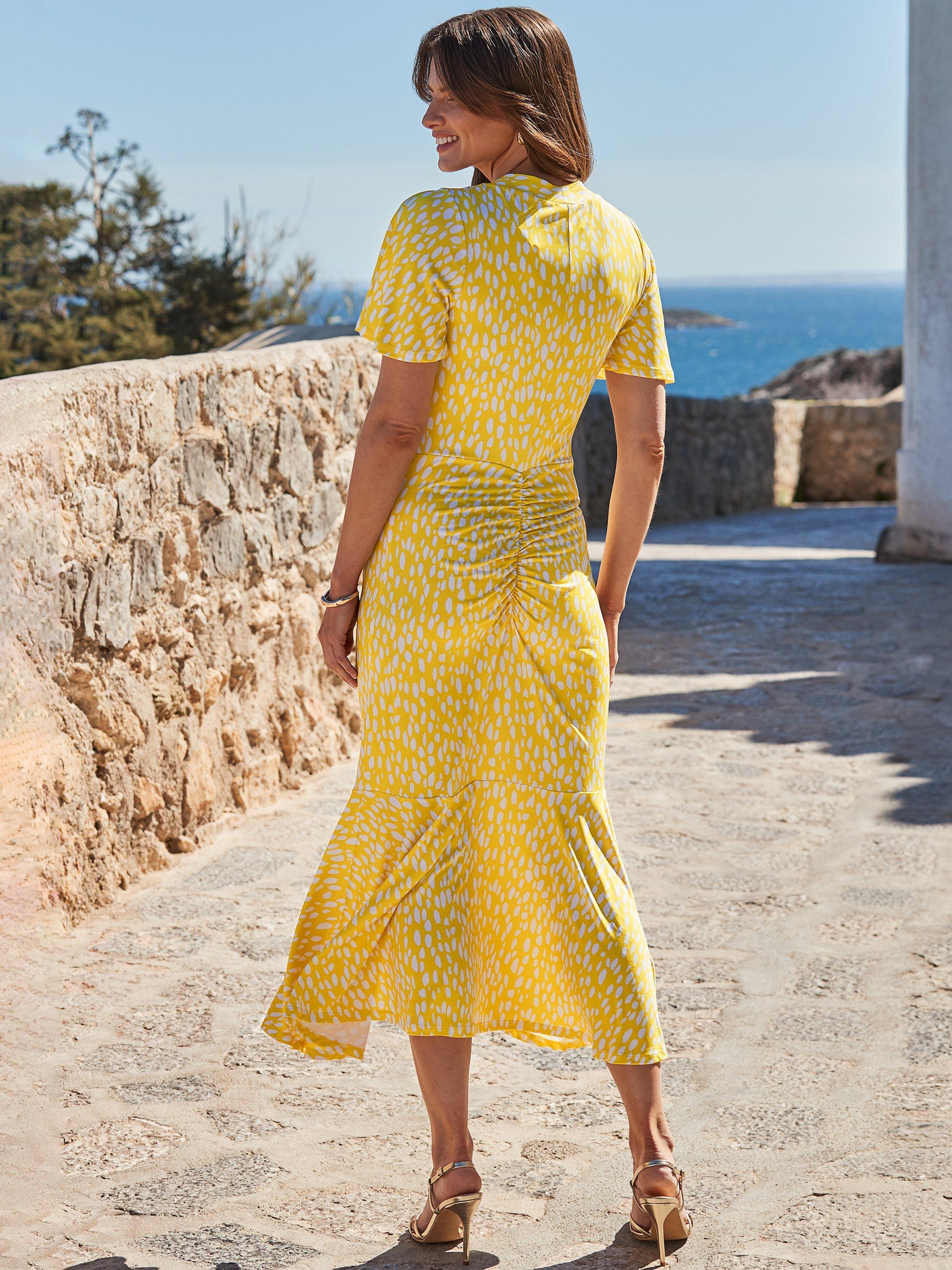 Product image 5 of 6, which shows Sosandar Angel Sleeve Wrap Front Polka Midi Dress, Yellow/Multi, 6