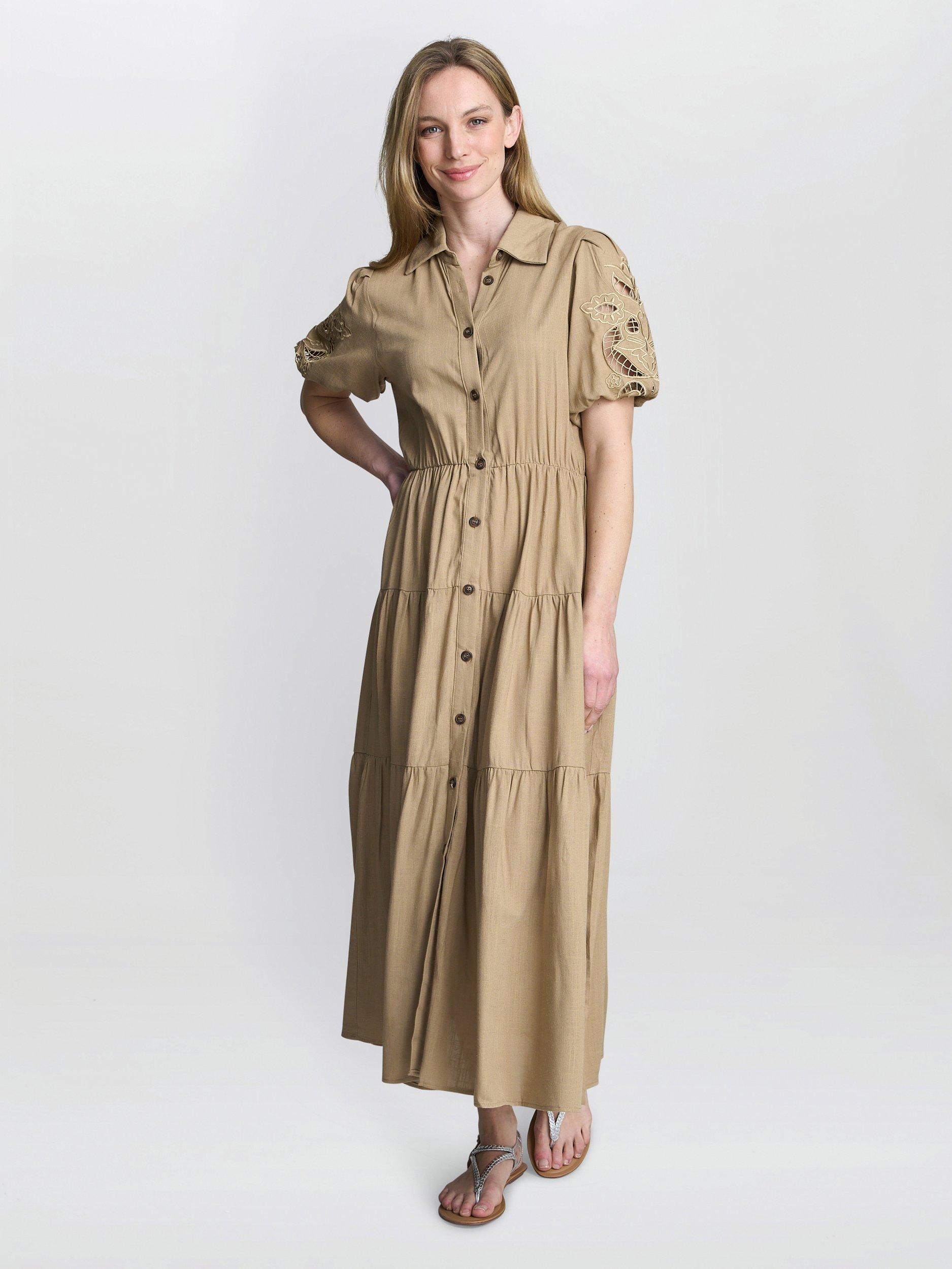 Product image 1 of 6, which shows Gina Bacconi Carey Button Down Tiered Shirt Dress, Tan, S-M