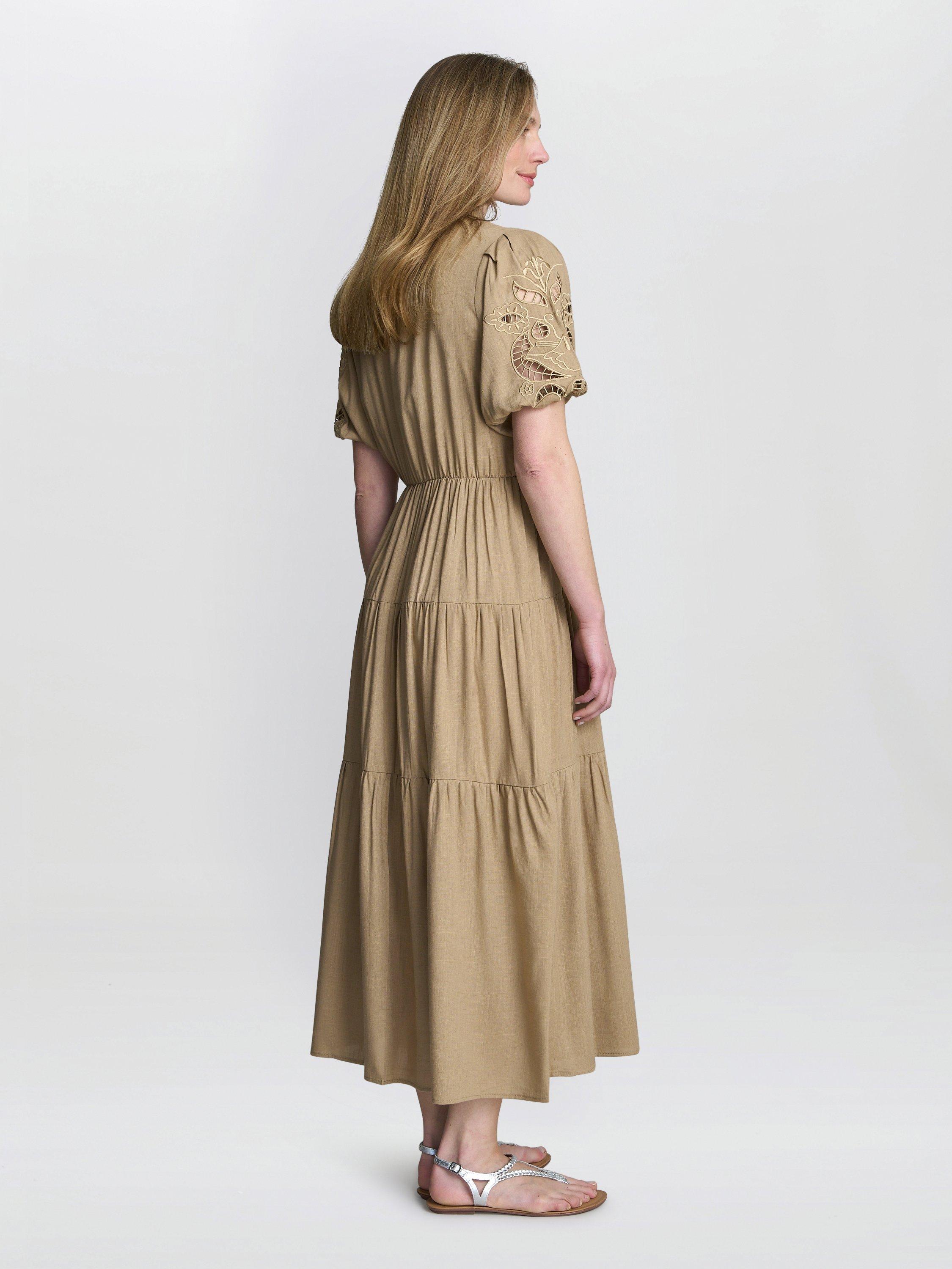 Product image 2 of 6, which shows Gina Bacconi Carey Button Down Tiered Shirt Dress, Tan, S-M