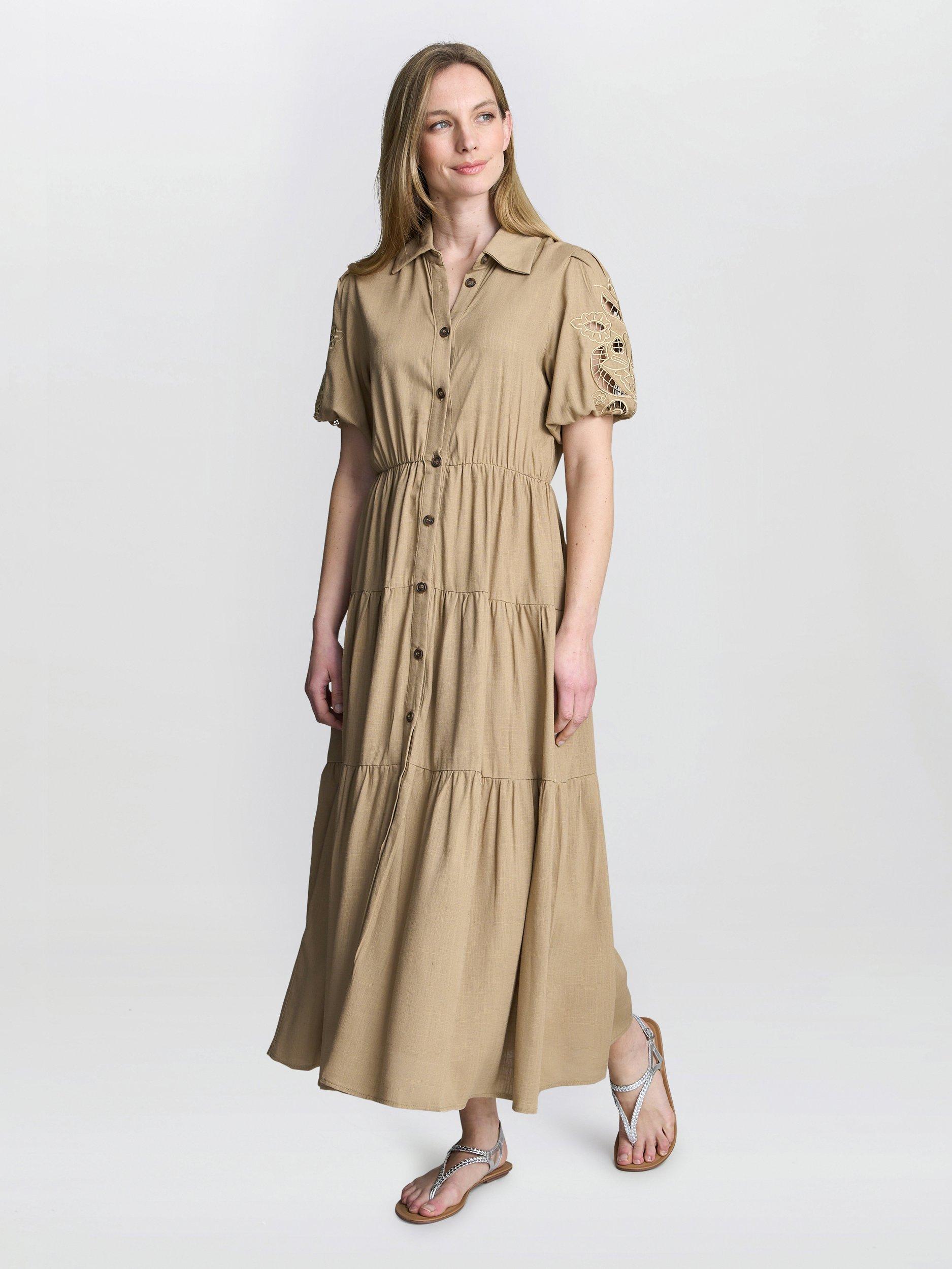 Product image 3 of 6, which shows Gina Bacconi Carey Button Down Tiered Shirt Dress, Tan, S-M