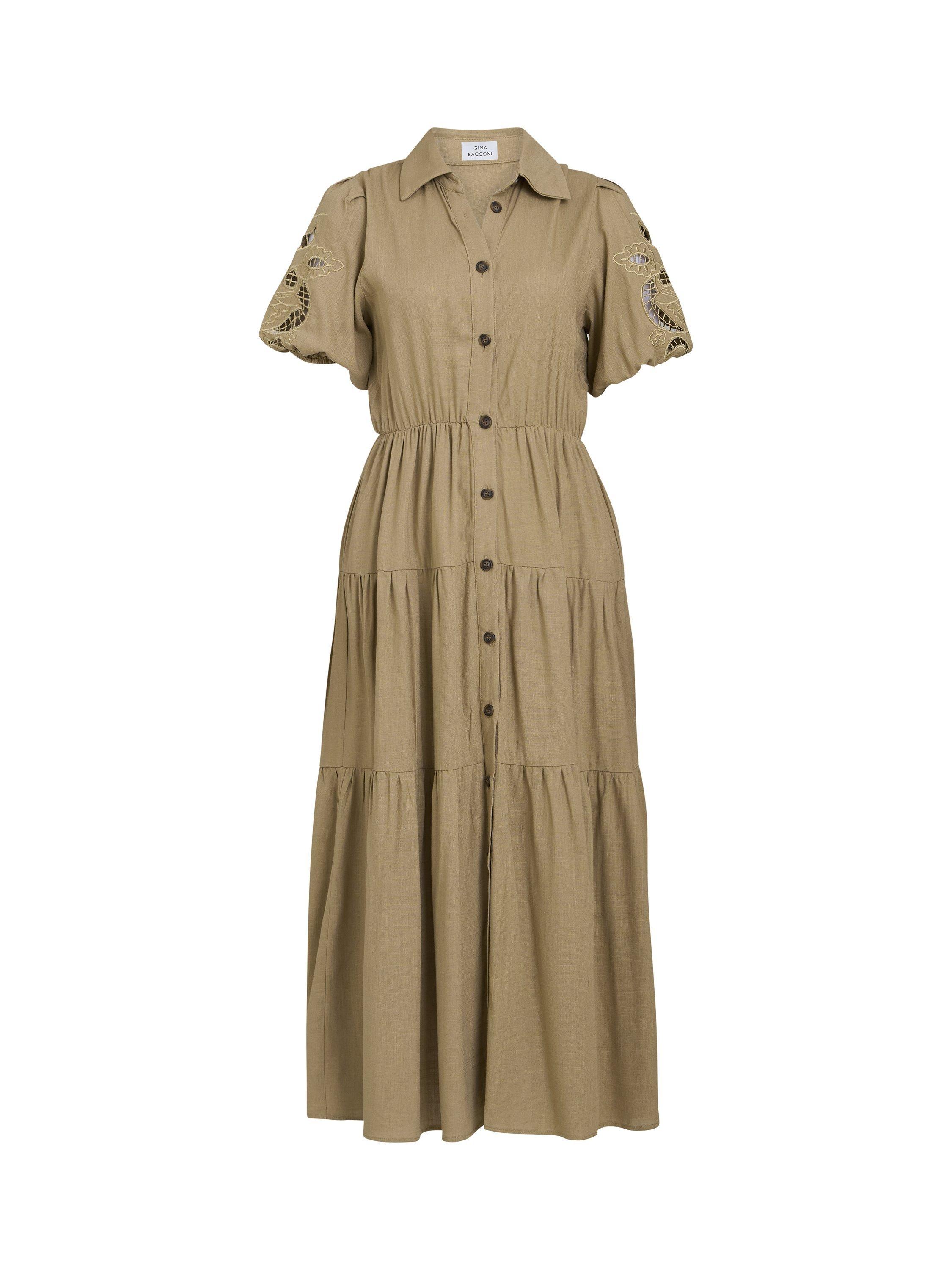 Product image 4 of 6, which shows Gina Bacconi Carey Button Down Tiered Shirt Dress, Tan, S-M