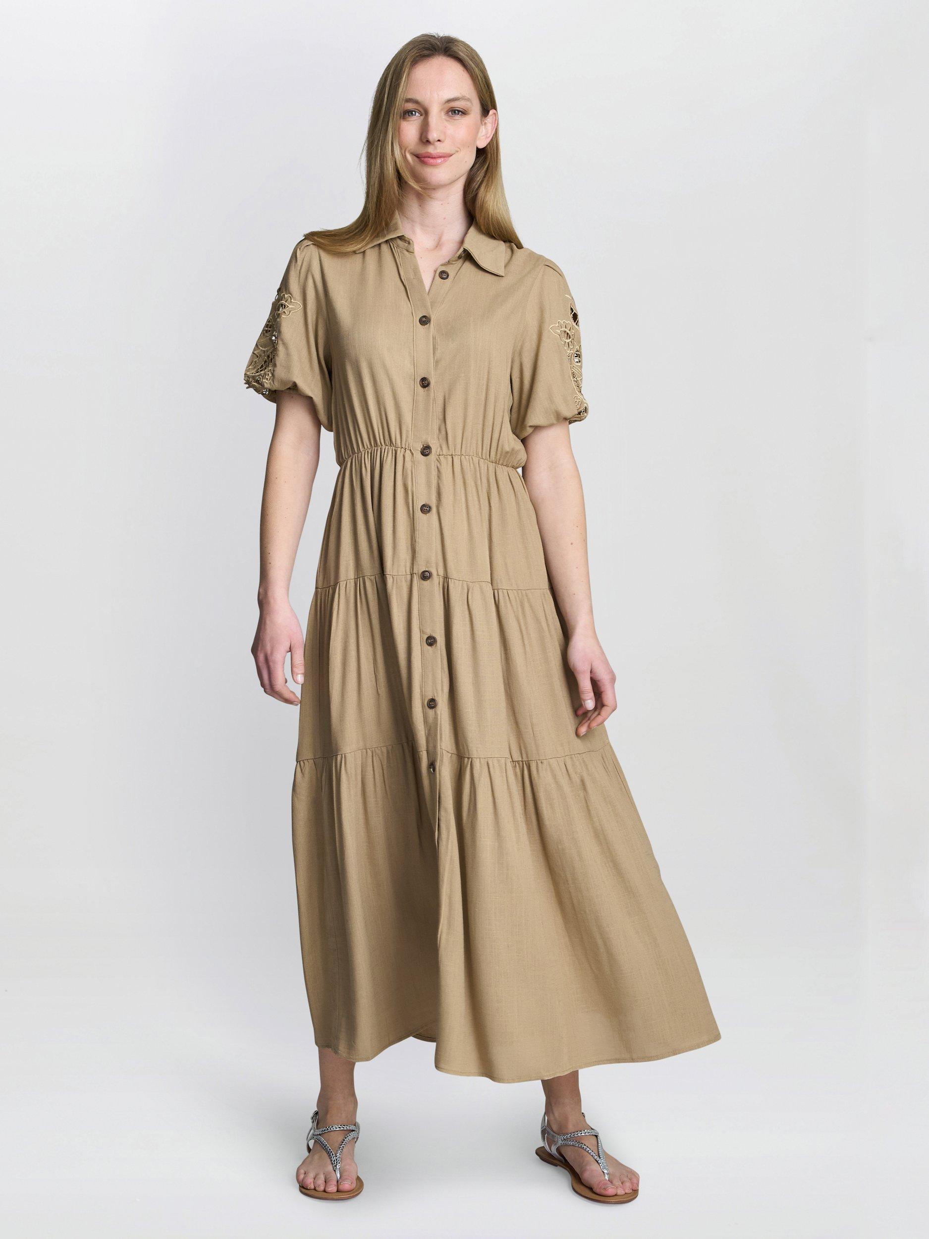 Product image 6 of 6, which shows Gina Bacconi Carey Button Down Tiered Shirt Dress, Tan, S-M