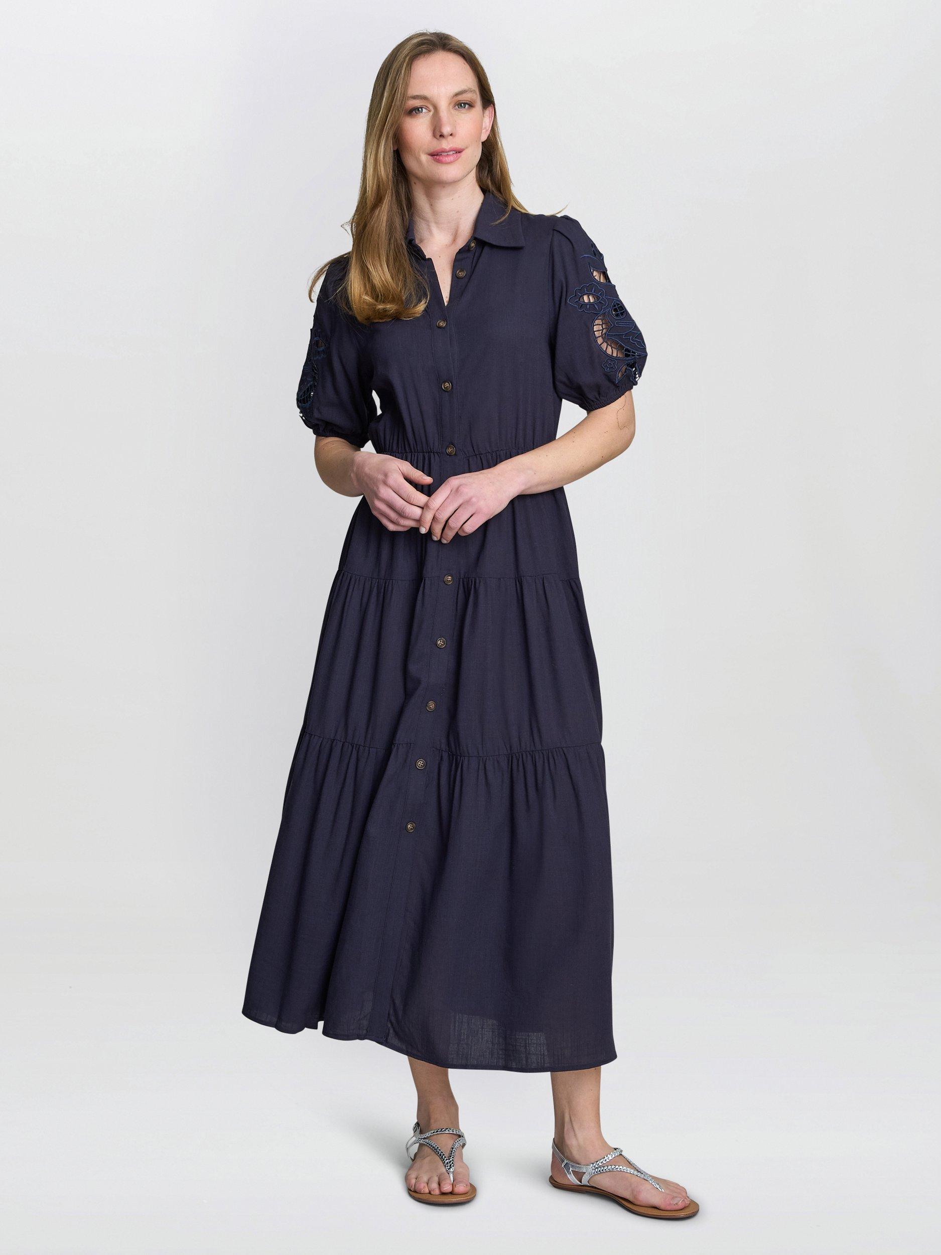 Product image 1 of 7, which shows Gina Bacconi Carey Button Down Tiered Shirt Dress, Navy, S-M