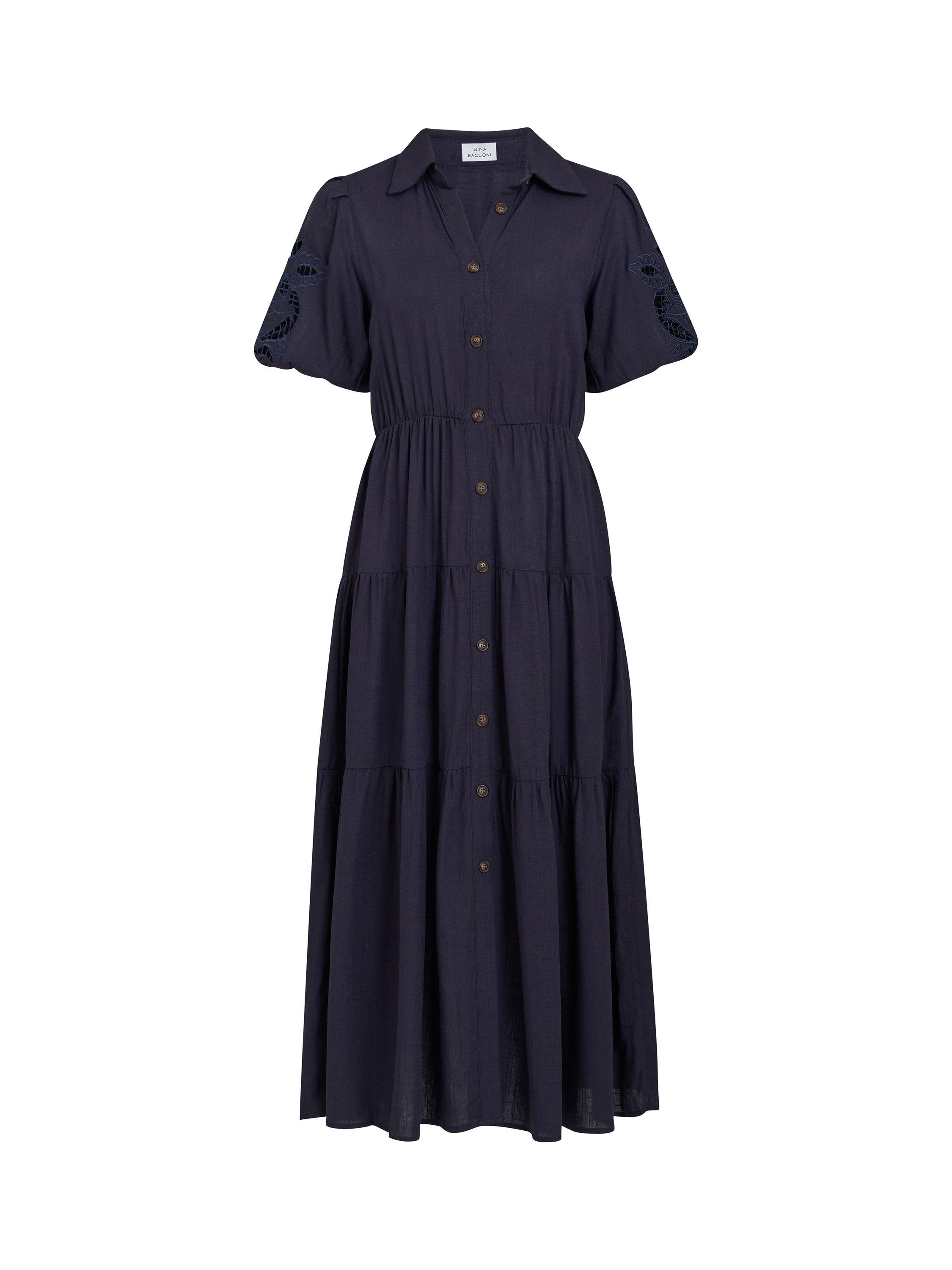Product image 4 of 7, which shows Gina Bacconi Carey Button Down Tiered Shirt Dress, Navy, S-M