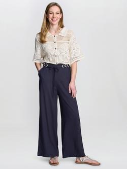 Gina Bacconi Blithe Linen Blend Wide Leg Trousers, Navy, Navy