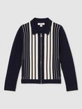 Reiss Kids' Ambient Striped Zip Up Knit Overshirt, Navy/White