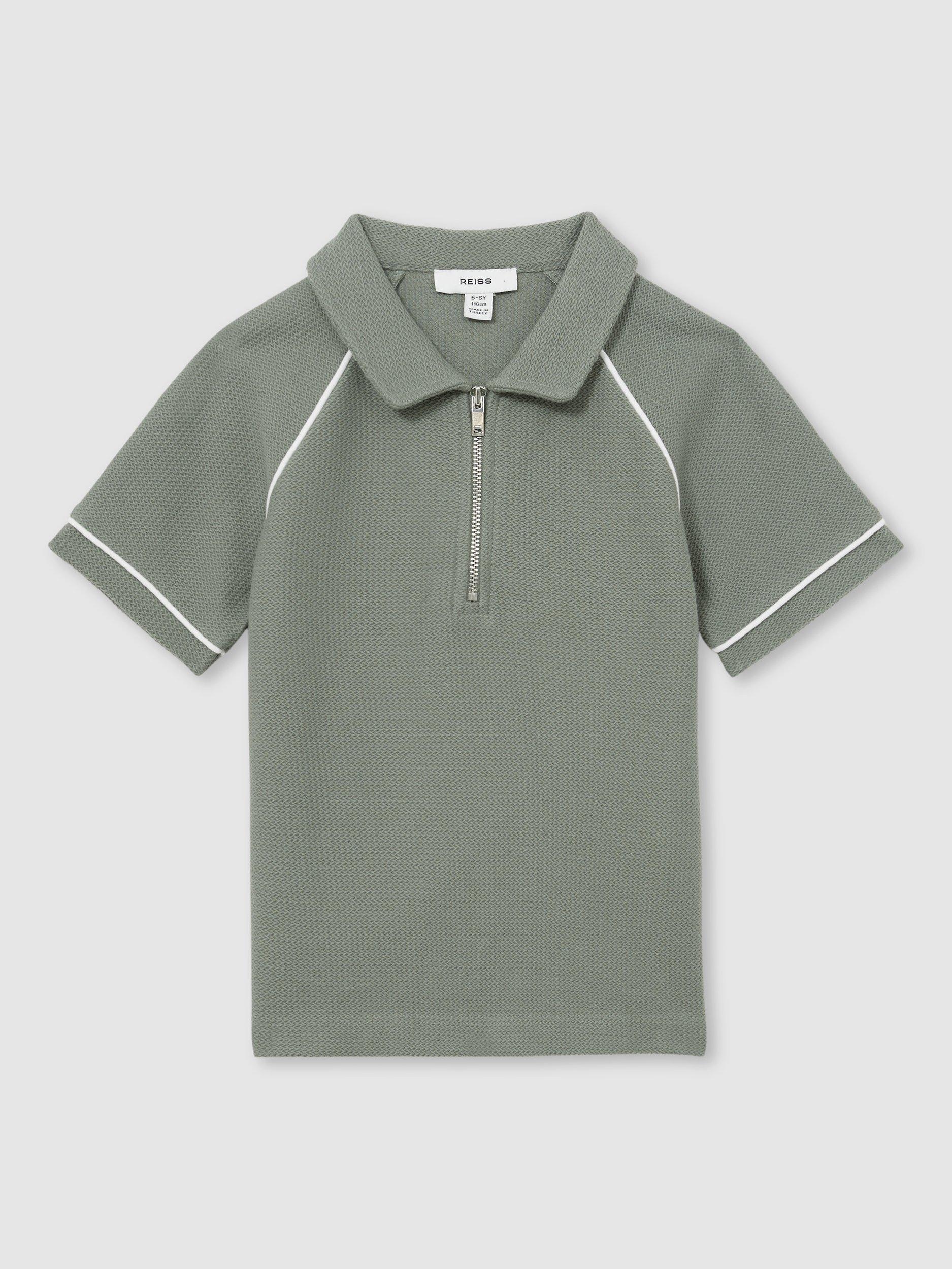 Reiss Kids' Lolland Textured Half Zip Polo Shirt, Sage Green