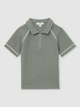 Reiss Kids' Lolland Textured Half Zip Polo Shirt, Sage Green