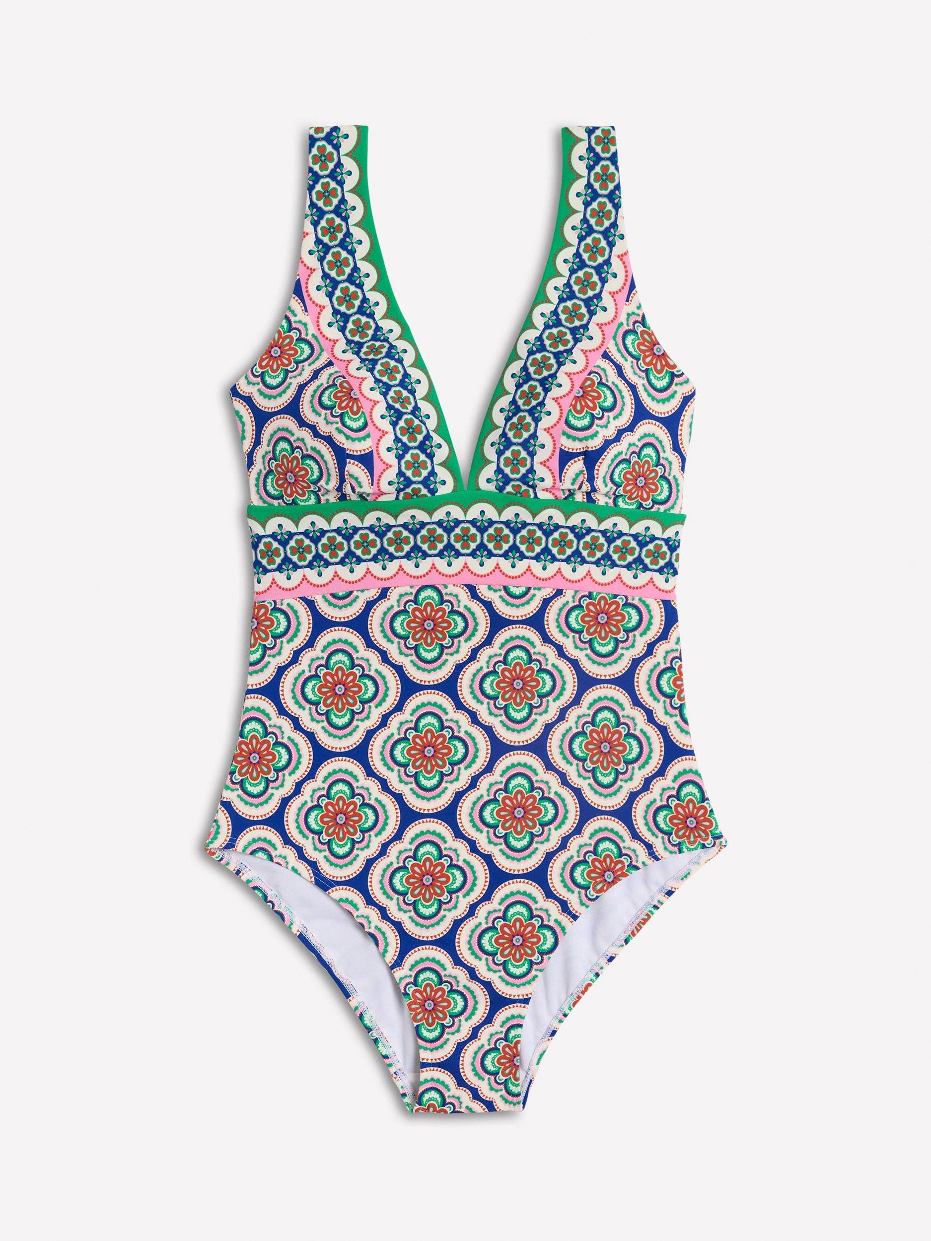 Product image 5 of 6, which shows Boden Porto V-Neck Tile Print Swimsuit, Blue/Multi, 8