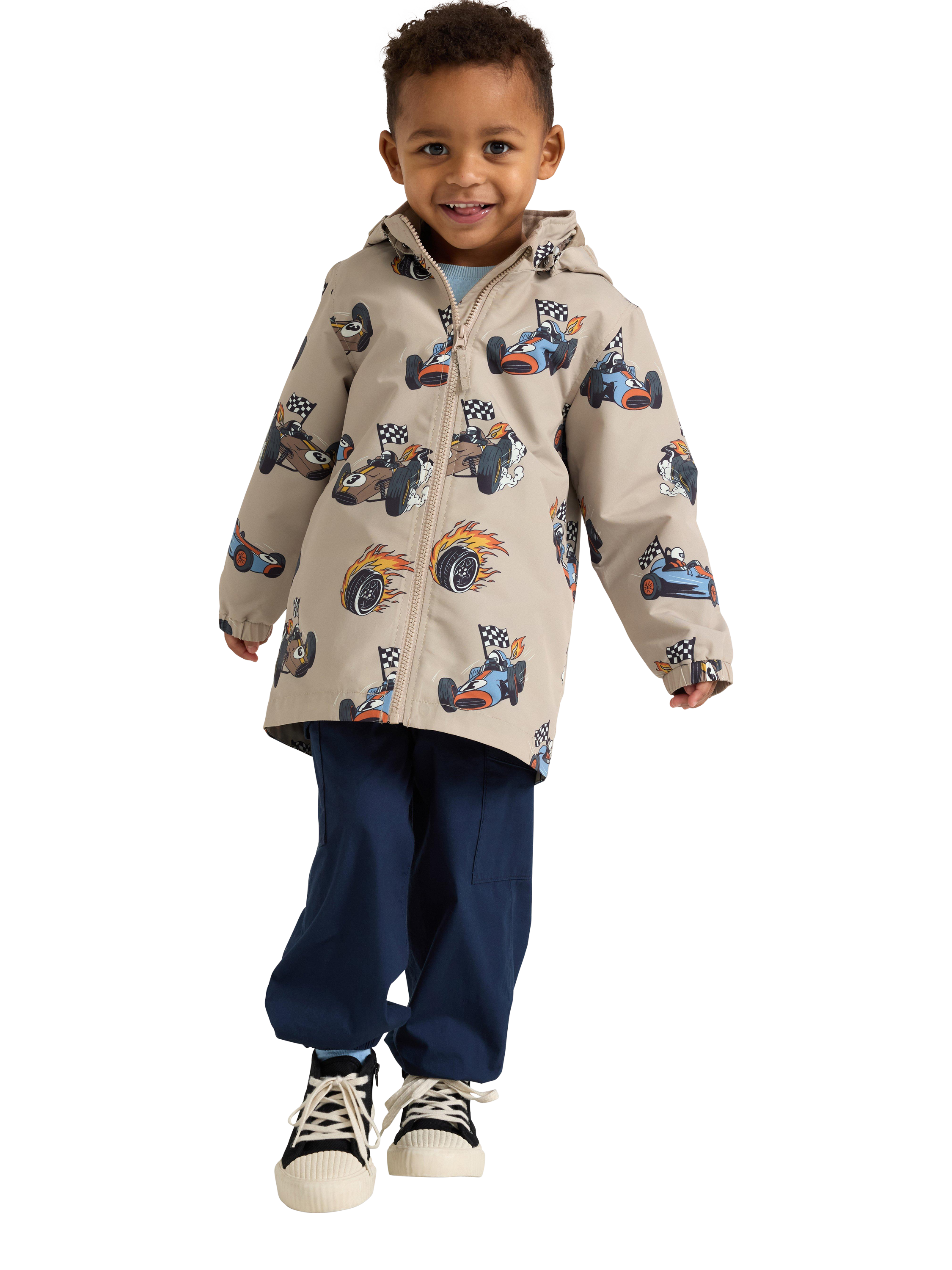 Product image 1 of 6, which shows Lindex Kids' Racing Car Print Water Repellent Jacket, Dusty Beige, 5-6 years