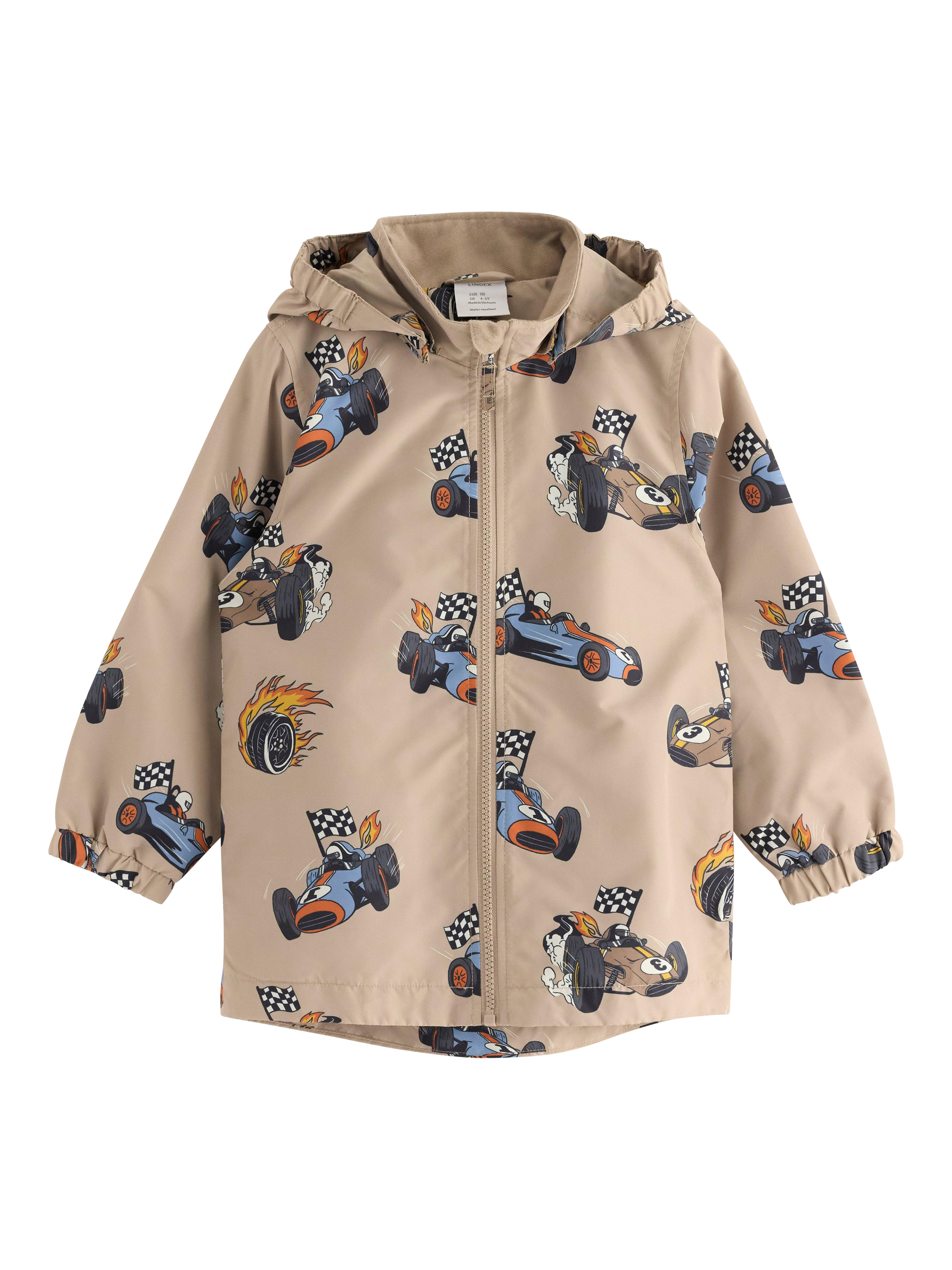 Product image 4 of 6, which shows Lindex Kids' Racing Car Print Water Repellent Jacket, Dusty Beige, 5-6 years