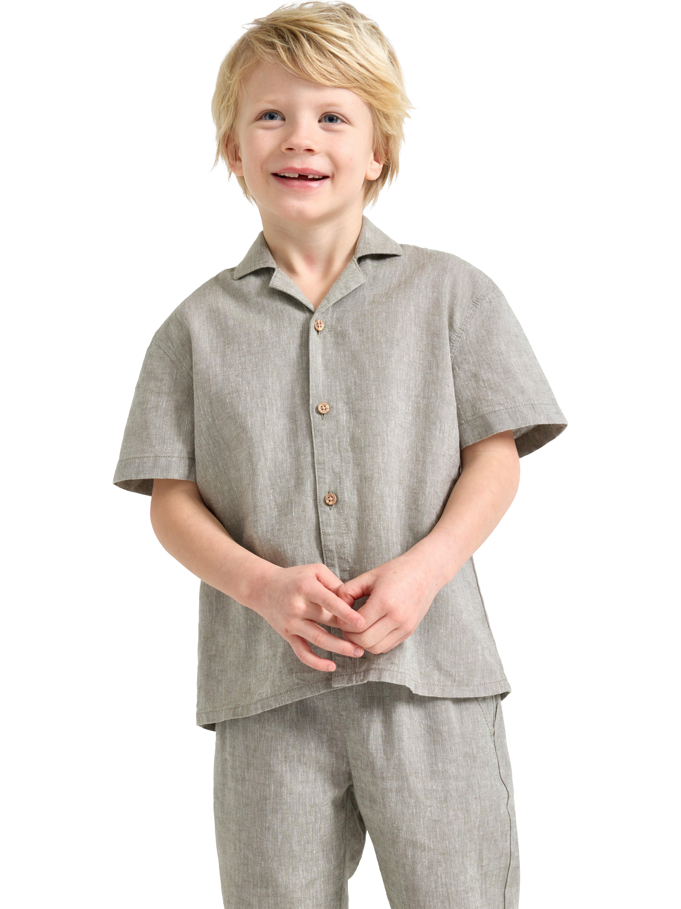 Product image 1 of 6, which shows Lindex Kids' Linen Cotton Blend Short Sleeve Shirt, Dusty Green, 2-4 years