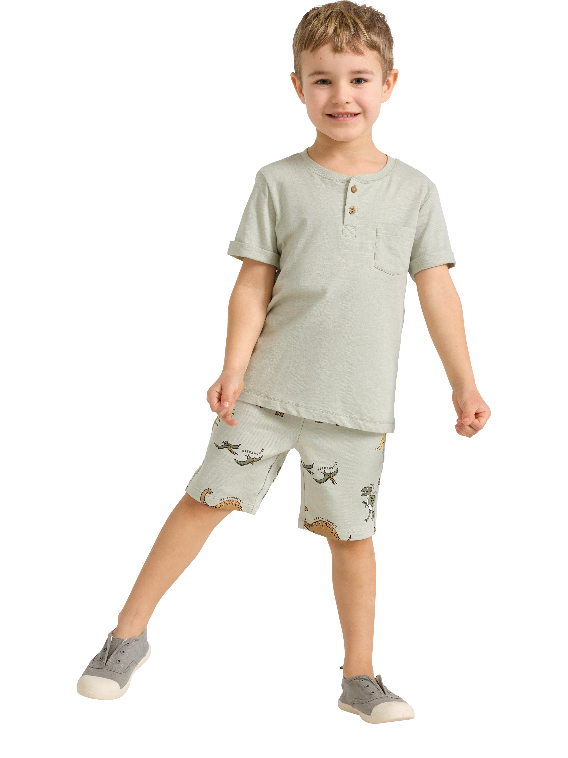 Product image 1 of 6, which shows Lindex Kids' Cotton Jersey Dinosaur Print Shorts, Light Dusty Green, 2-4 years