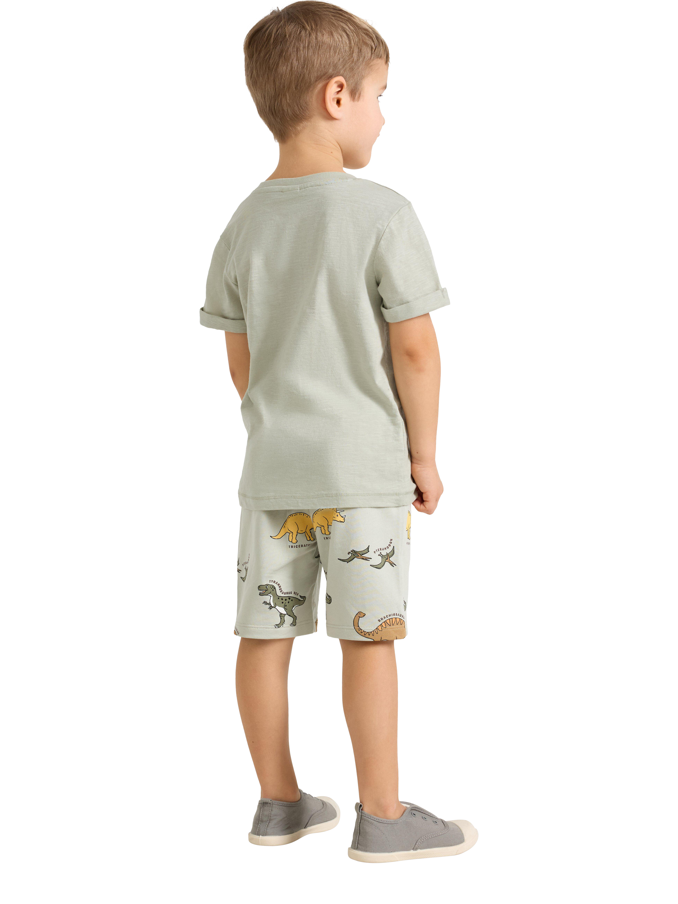 Product image 2 of 6, which shows Lindex Kids' Cotton Jersey Dinosaur Print Shorts, Light Dusty Green, 2-4 years