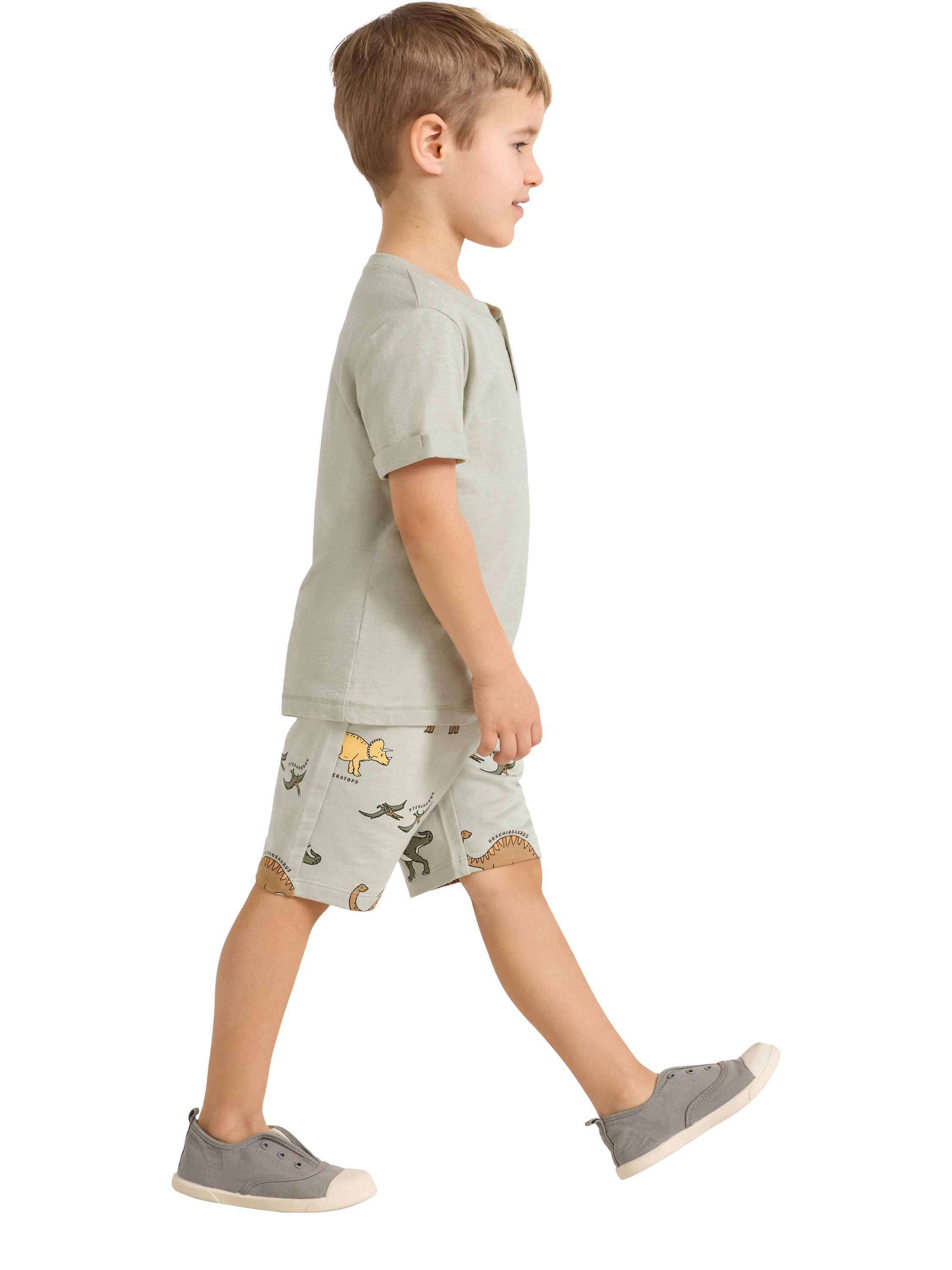 Product image 3 of 6, which shows Lindex Kids' Cotton Jersey Dinosaur Print Shorts, Light Dusty Green, 2-4 years