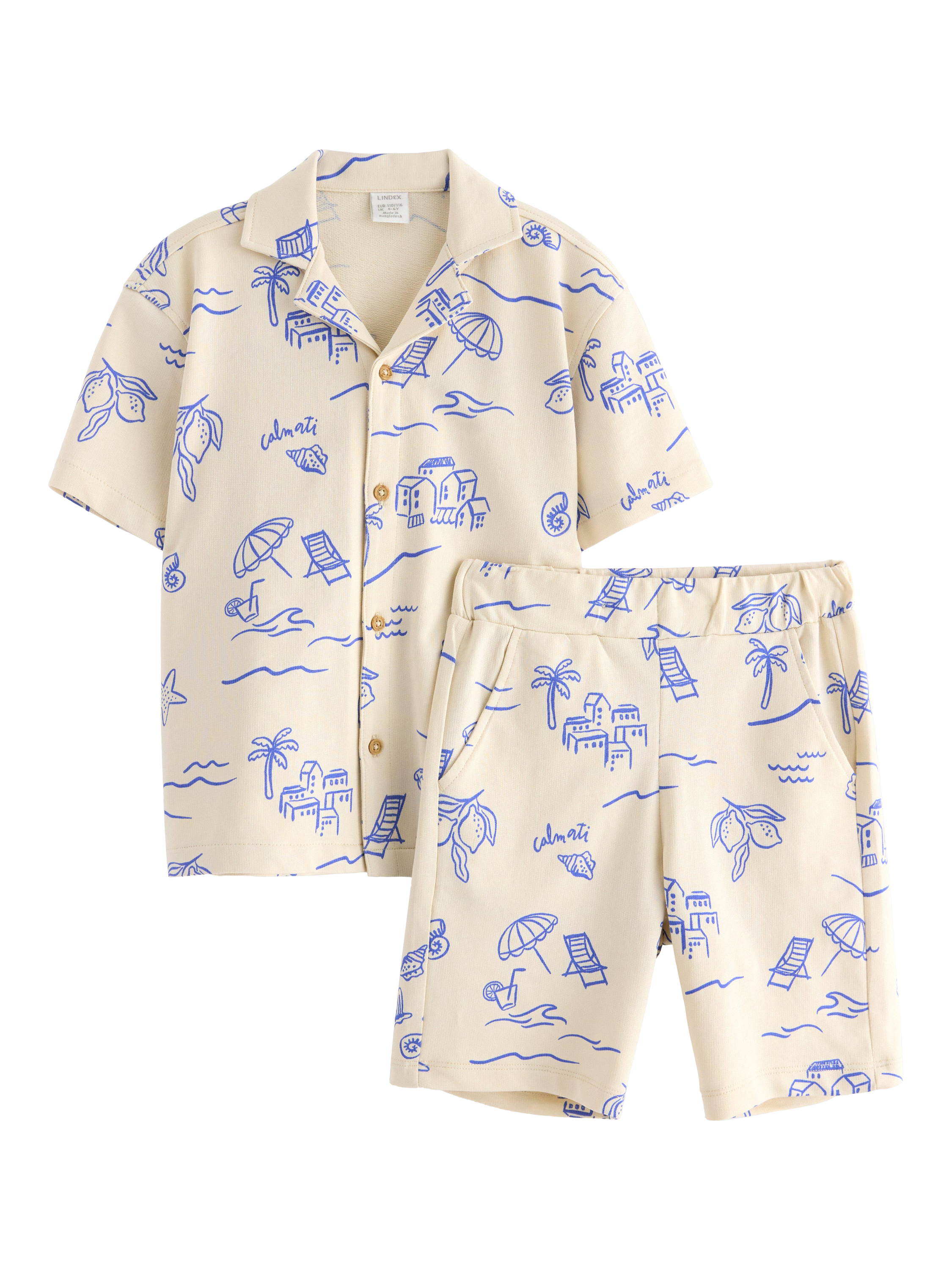 Product image 1 of 3, which shows Lindex Kids' Cotton Resort Print Shirt & Shorts Set, Light Beige, 2-4 years