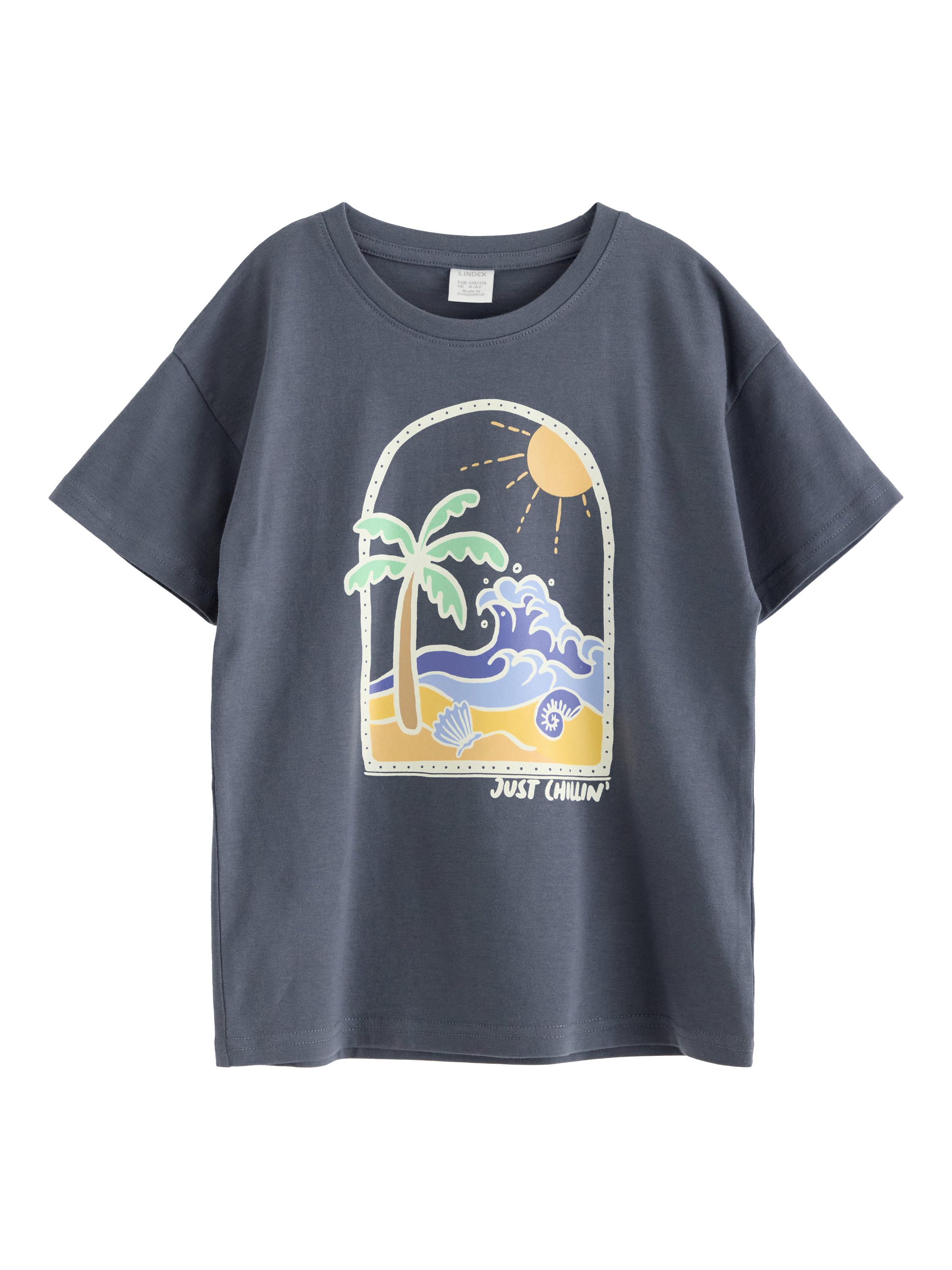Product image 1 of 3, which shows Lindex Kids' Cotton Just Chillin' Short Sleeve T-Shirt, Dark Grey, 2-4 years
