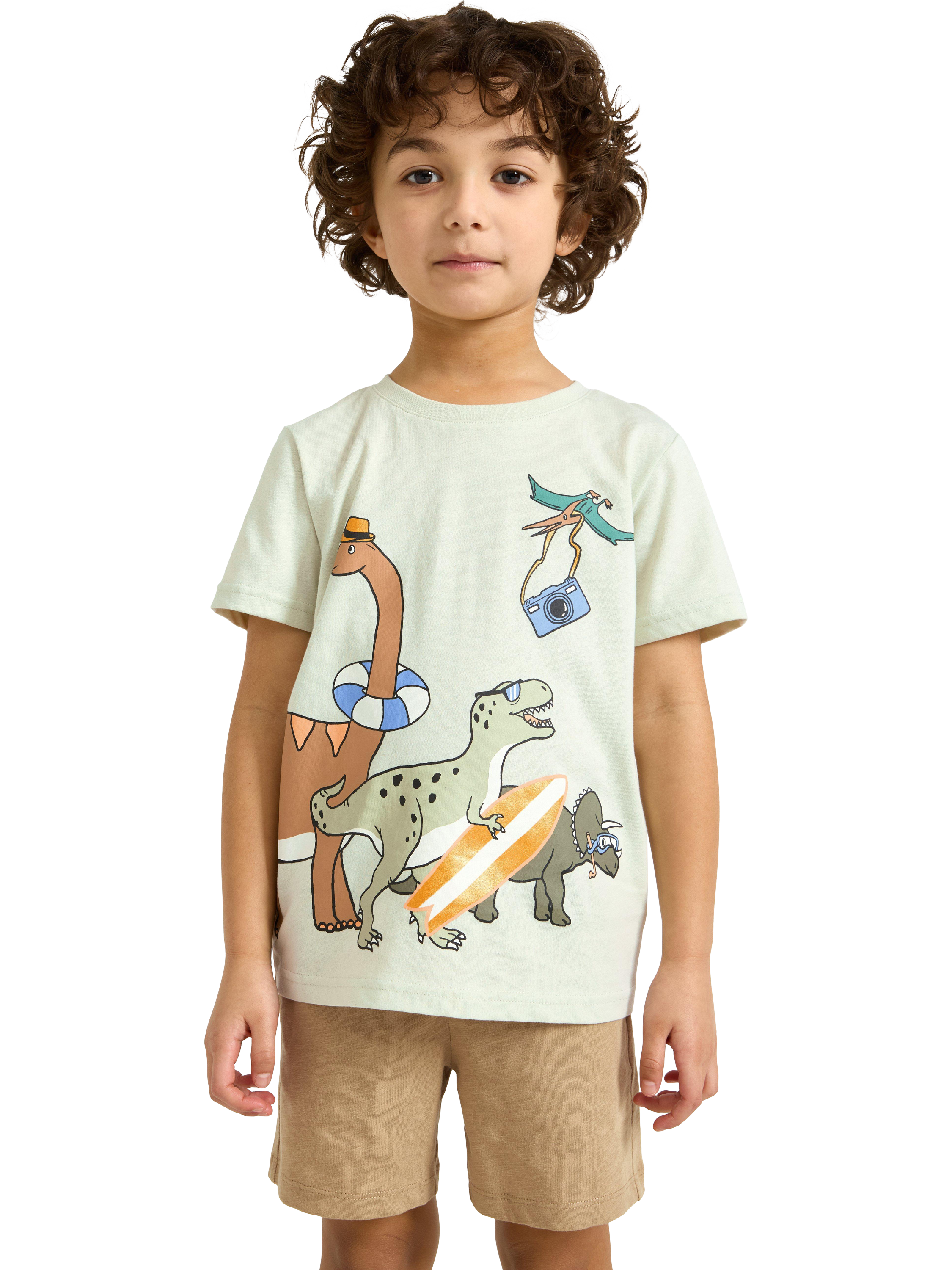 Product image 1 of 6, which shows Lindex Kids' Cotton Dinosaur Print Short Sleeve T-Shirt, Light Dusty Green, 18-24 months