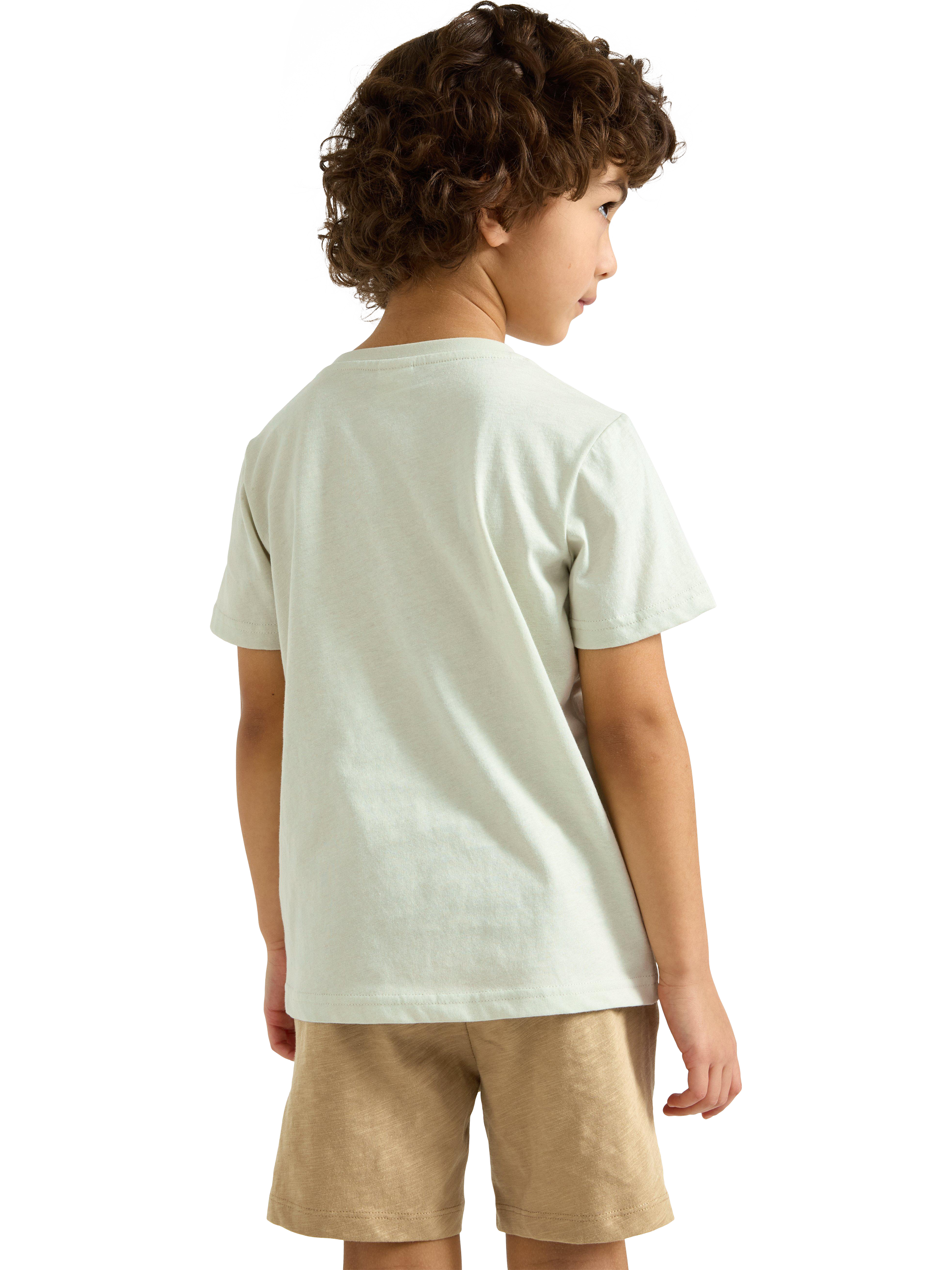 Product image 2 of 6, which shows Lindex Kids' Cotton Dinosaur Print Short Sleeve T-Shirt, Light Dusty Green, 18-24 months