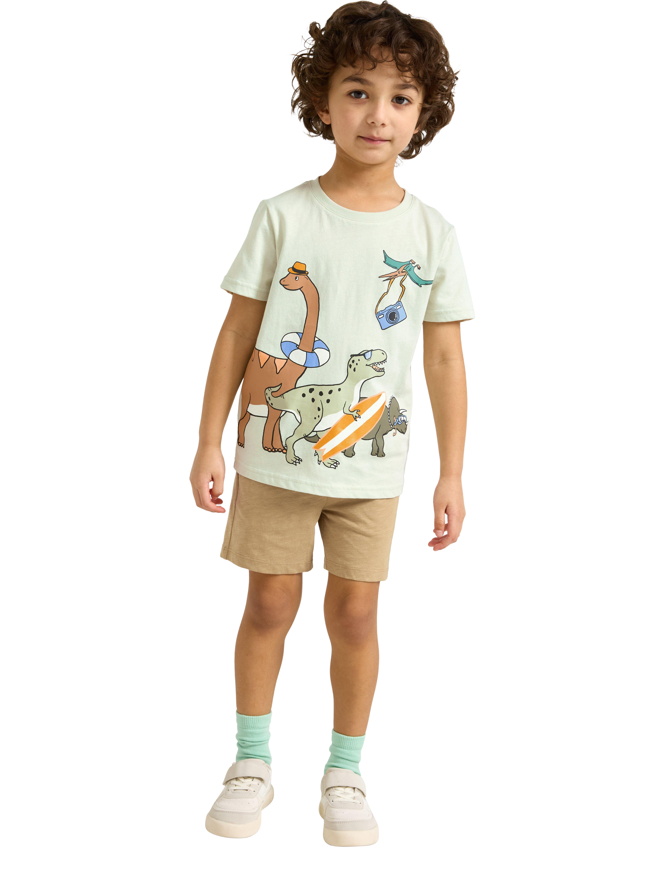 Product image 3 of 6, which shows Lindex Kids' Cotton Dinosaur Print Short Sleeve T-Shirt, Light Dusty Green, 18-24 months