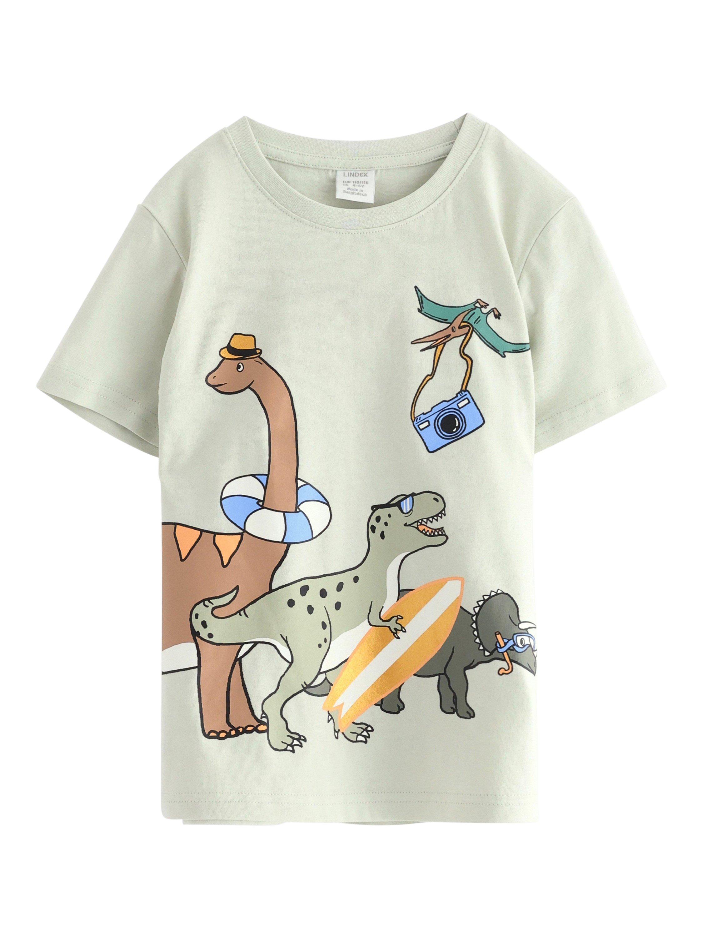 Product image 4 of 6, which shows Lindex Kids' Cotton Dinosaur Print Short Sleeve T-Shirt, Light Dusty Green, 18-24 months