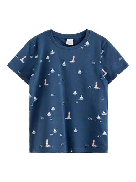 Lindex Kids' Cotton Boat Print T-Shirt, Dark Blue, Dark Blue