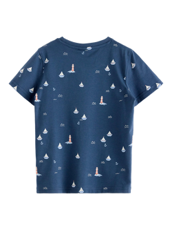 Lindex Kids' Cotton Boat Print T-Shirt, Dark Blue - view 2, Dark Blue