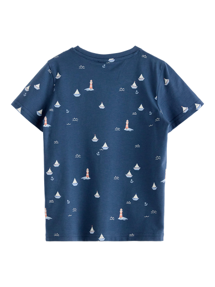 Lindex Kids' Cotton Boat Print T-Shirt, Dark Blue - view 2, Dark Blue
